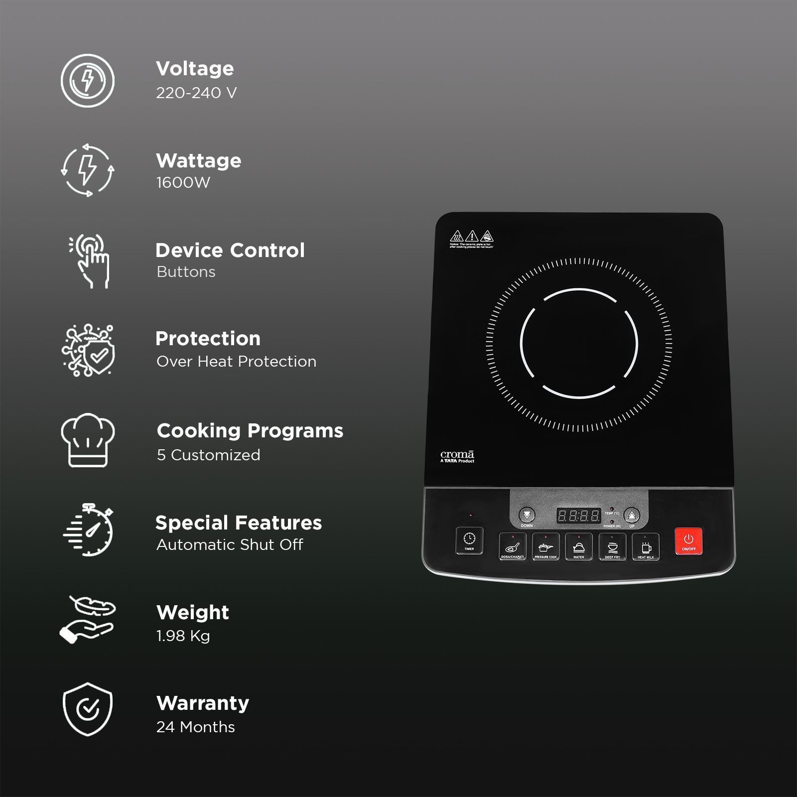 Croma 1600W Induction Cooktop with 5 Preset Menus Croma 1600W Induction Cooktop with 5 Preset Menus_3