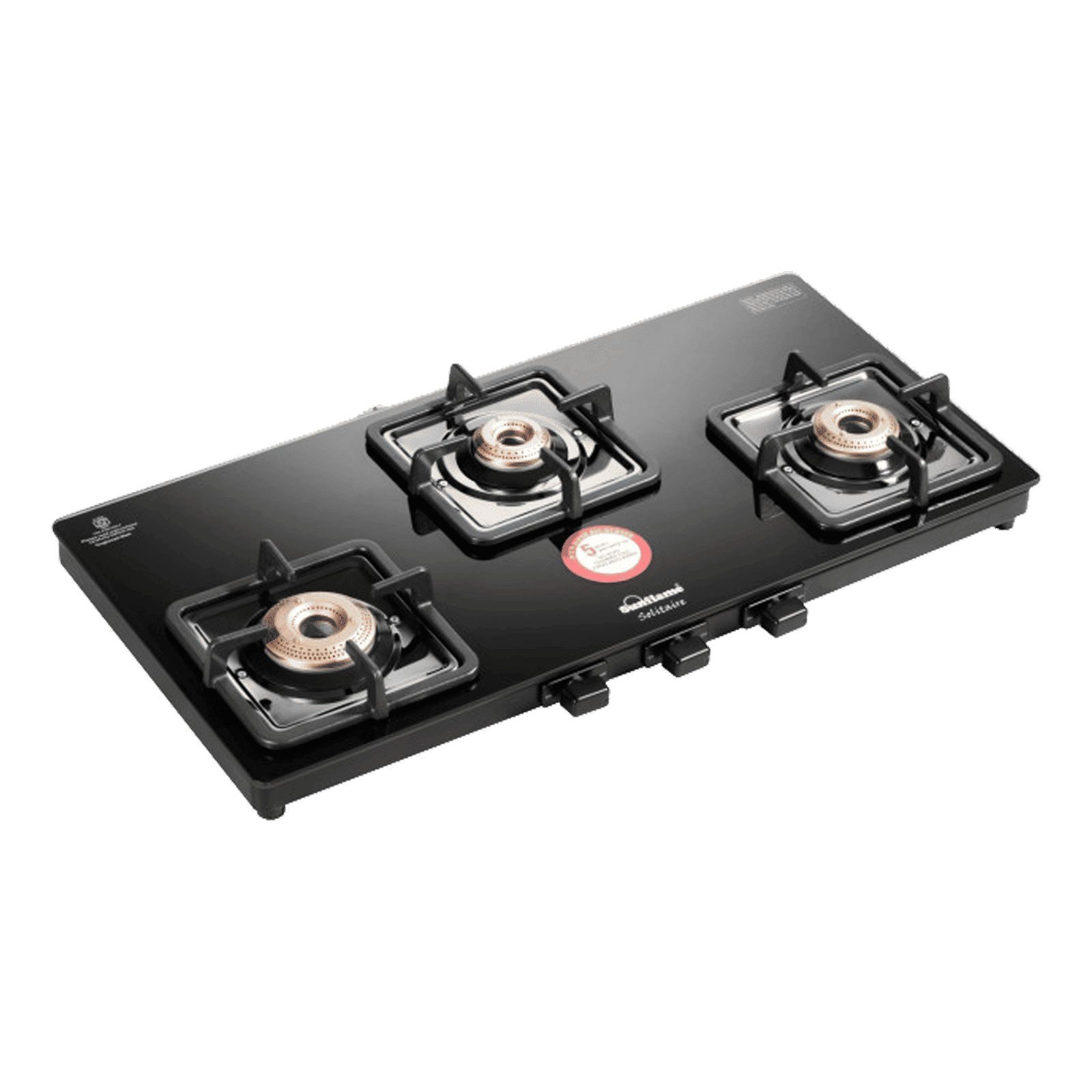 Sunflame Solitaire Tempered Glass Top 3 Burner Manual Gas Stove (Forged Brass Burners, Black)_1