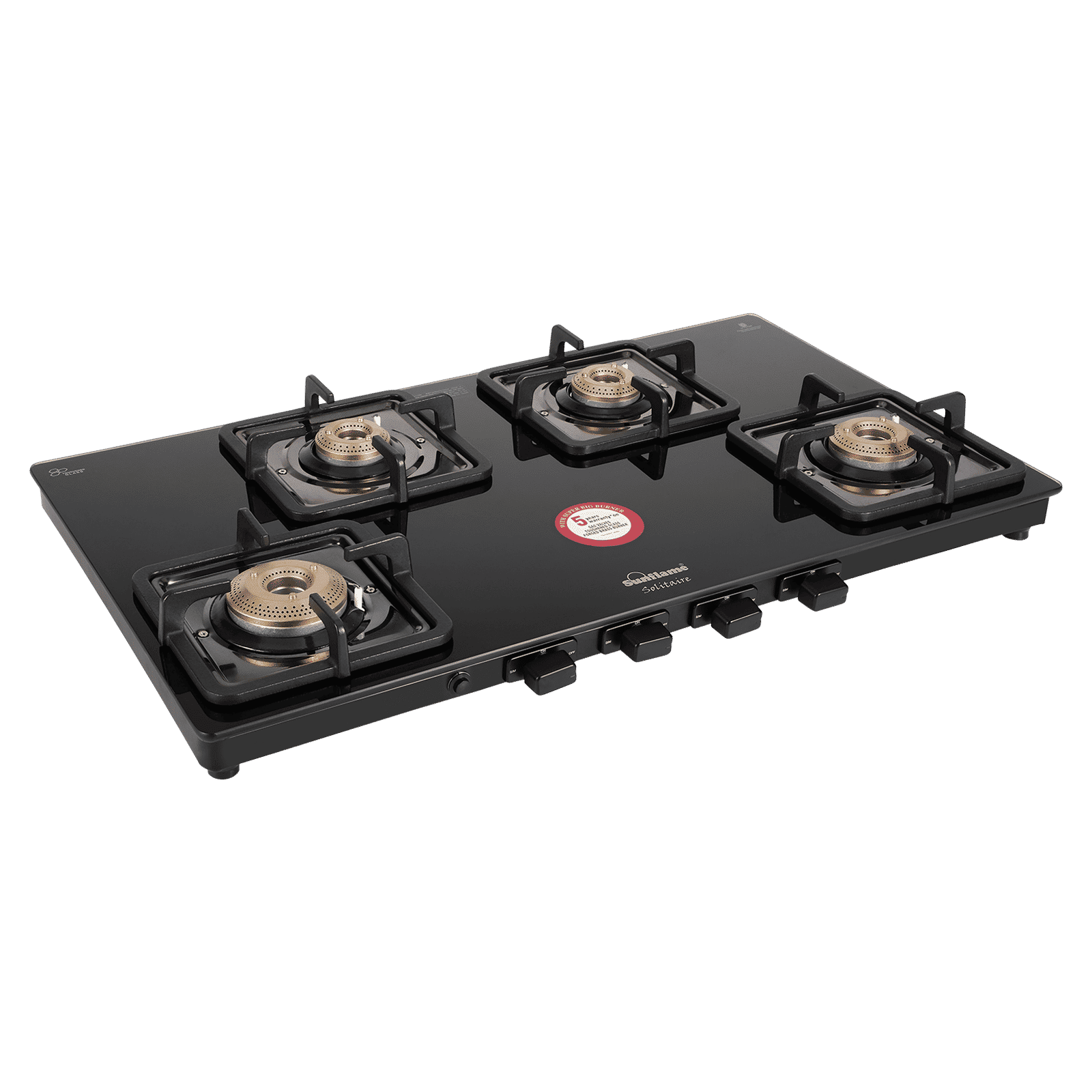 Sunflame Solitaire Tempered Glass Top 4 Burner Manual Gas Stove (Cast Iron Pan Support, Black)_1