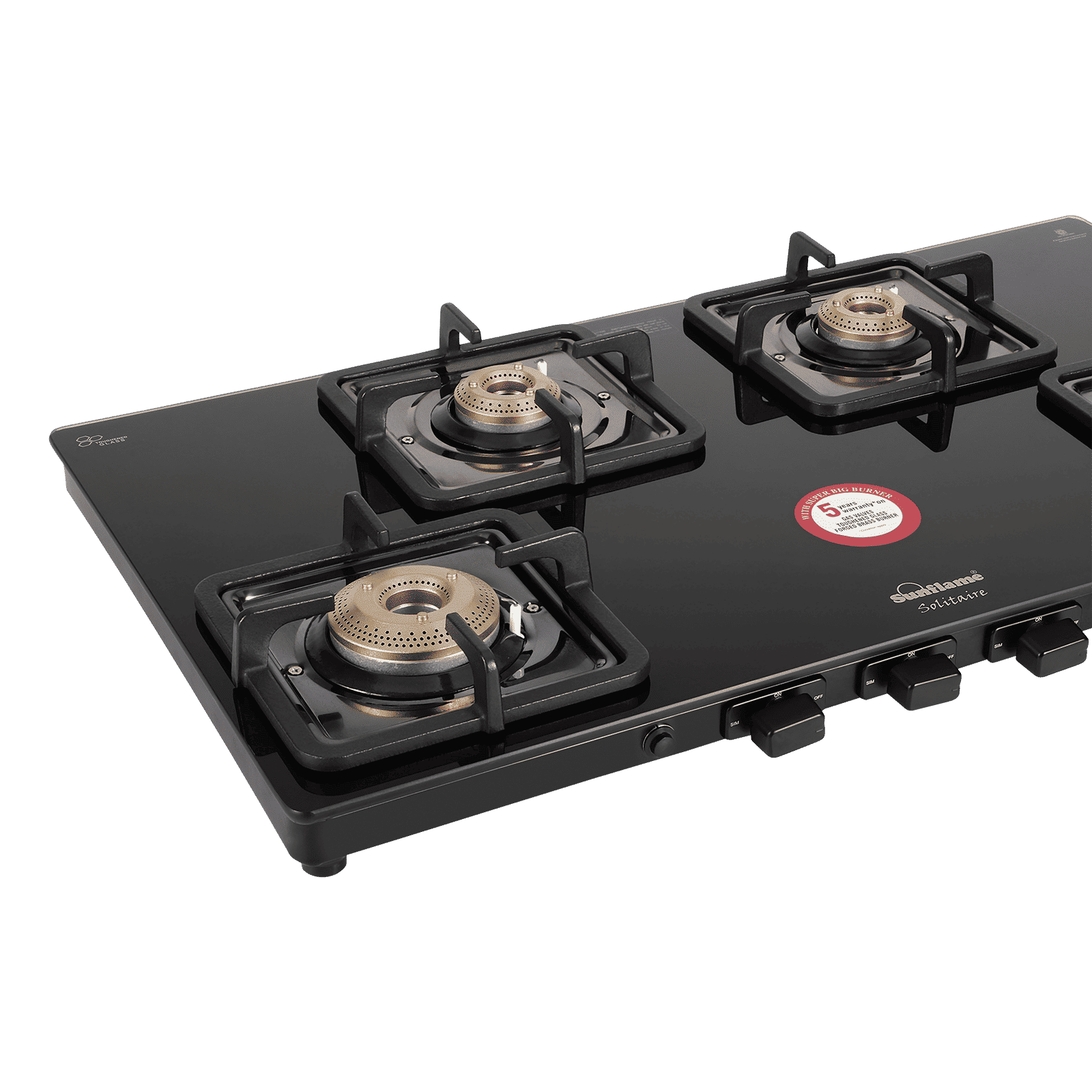Sunflame Solitaire Tempered Glass Top 4 Burner Manual Gas Stove (Cast Iron Pan Support, Black)_6