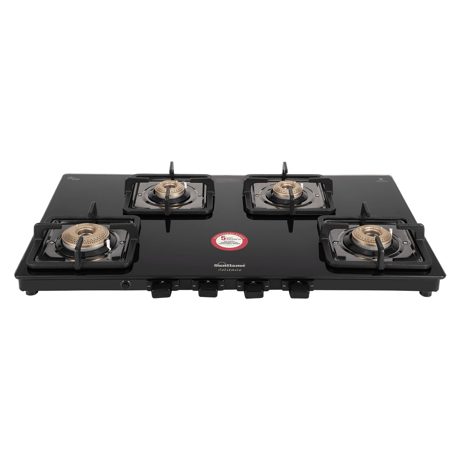 Sunflame Solitaire Tempered Glass Top 4 Burner Manual Gas Stove (Cast Iron Pan Support, Black)_4