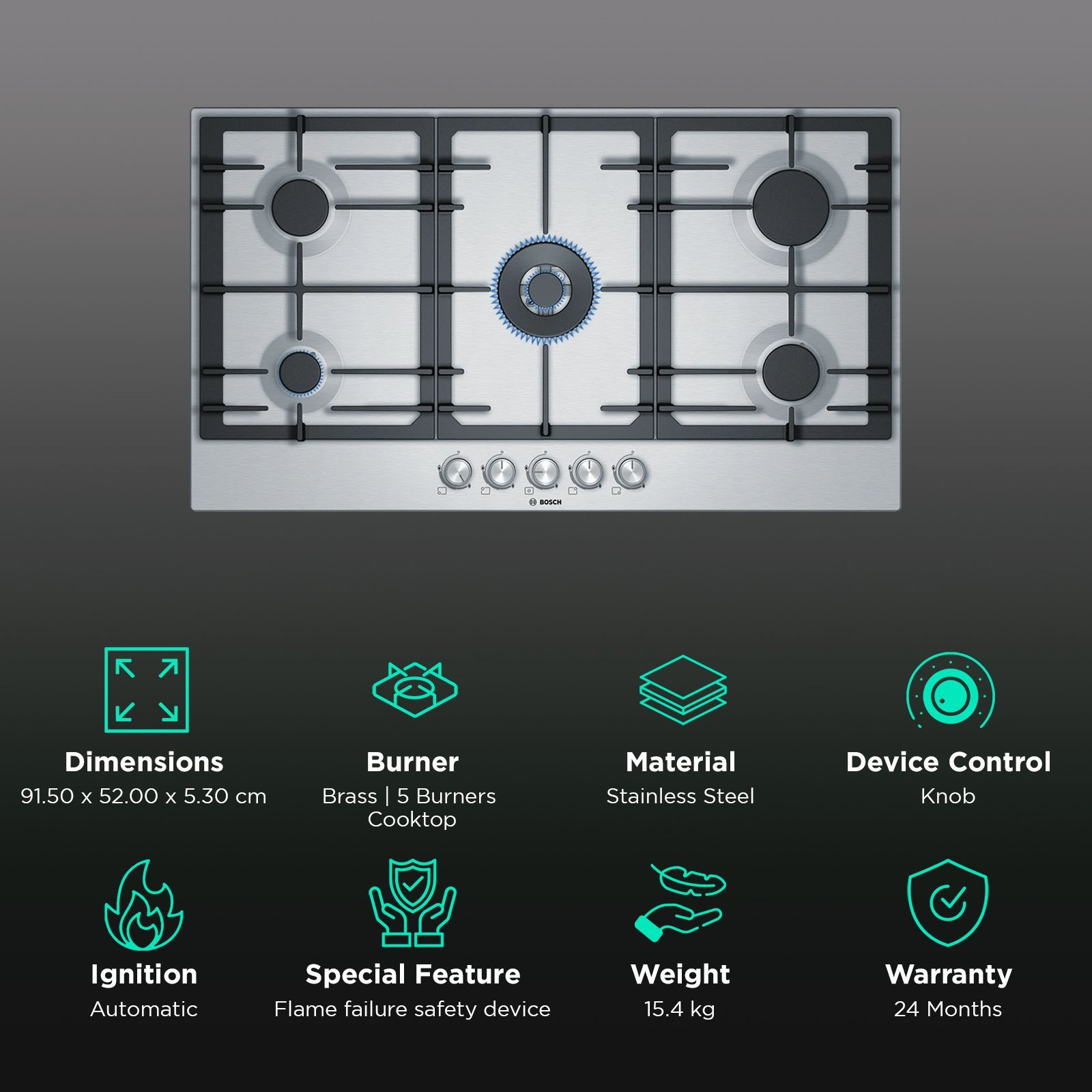 BOSCH Series 6 5 Burner Automatic Hob (Flame Failure Safety Device, Stainless Steel)_3