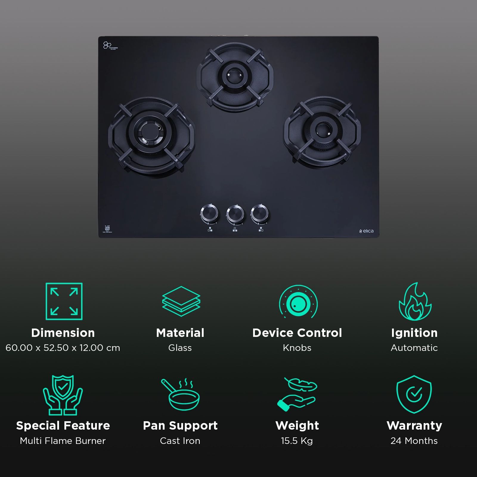 elica FLEXI HEXA 360 IND HD BRASS Glass Top 3 Burner Automatic Hob (Multi Flame Burner, Black)_3