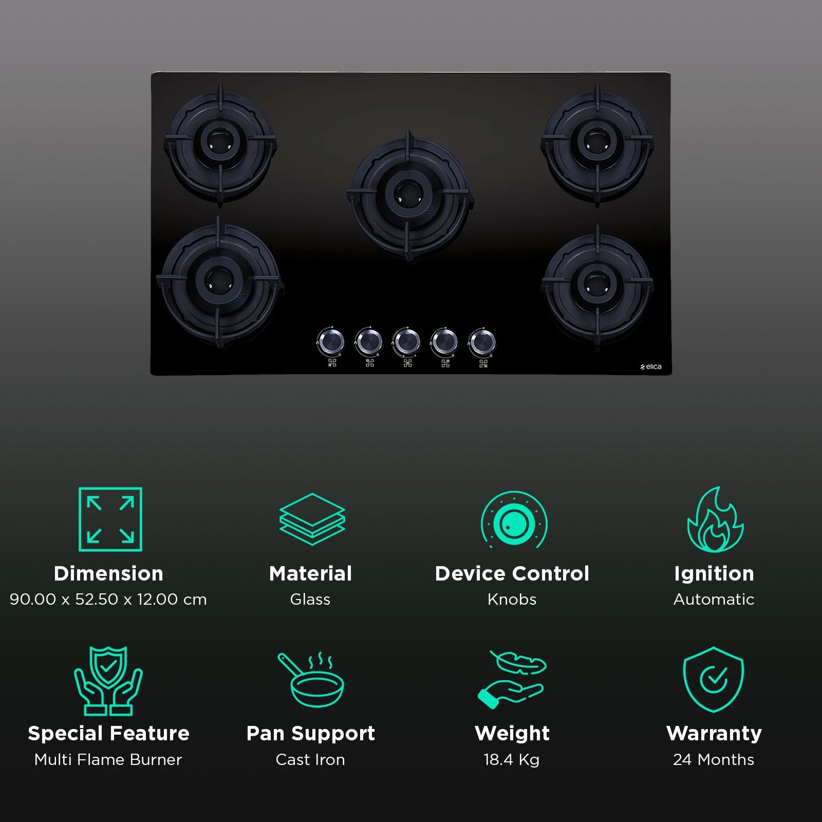 elica FLEXI 590 LOTUS IND FLAME HD BRASS Toughened Glass Top 5 Burner Automatic Hob (Multi Flame Burner, Black)_3