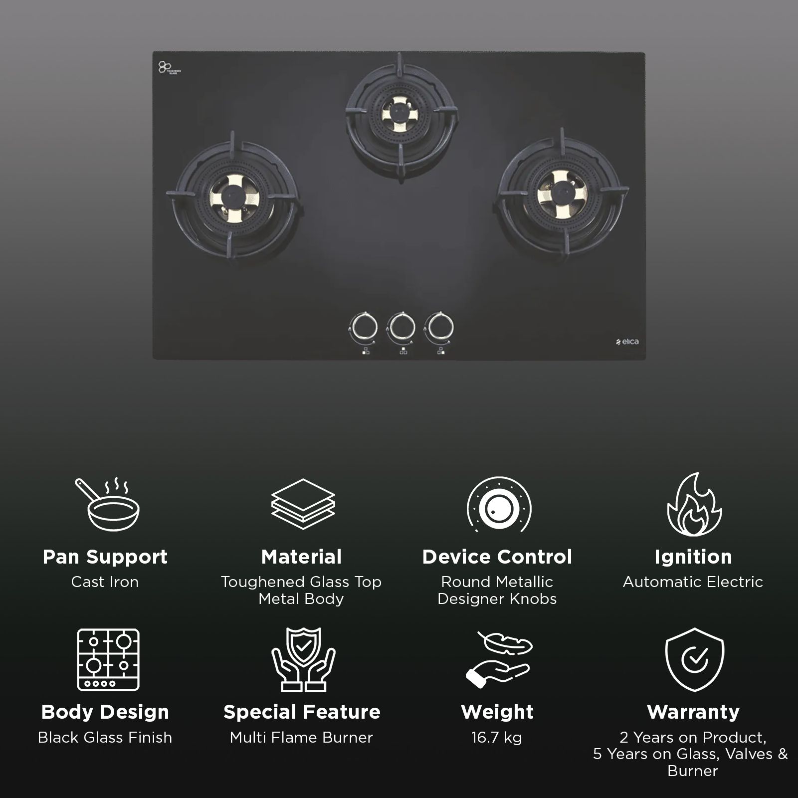 Elica FLEXI DFS FB MFC SERIES Toughened Glass Top 3 Burner Automatic Hob (Heavy Duty Burners, Black)_3