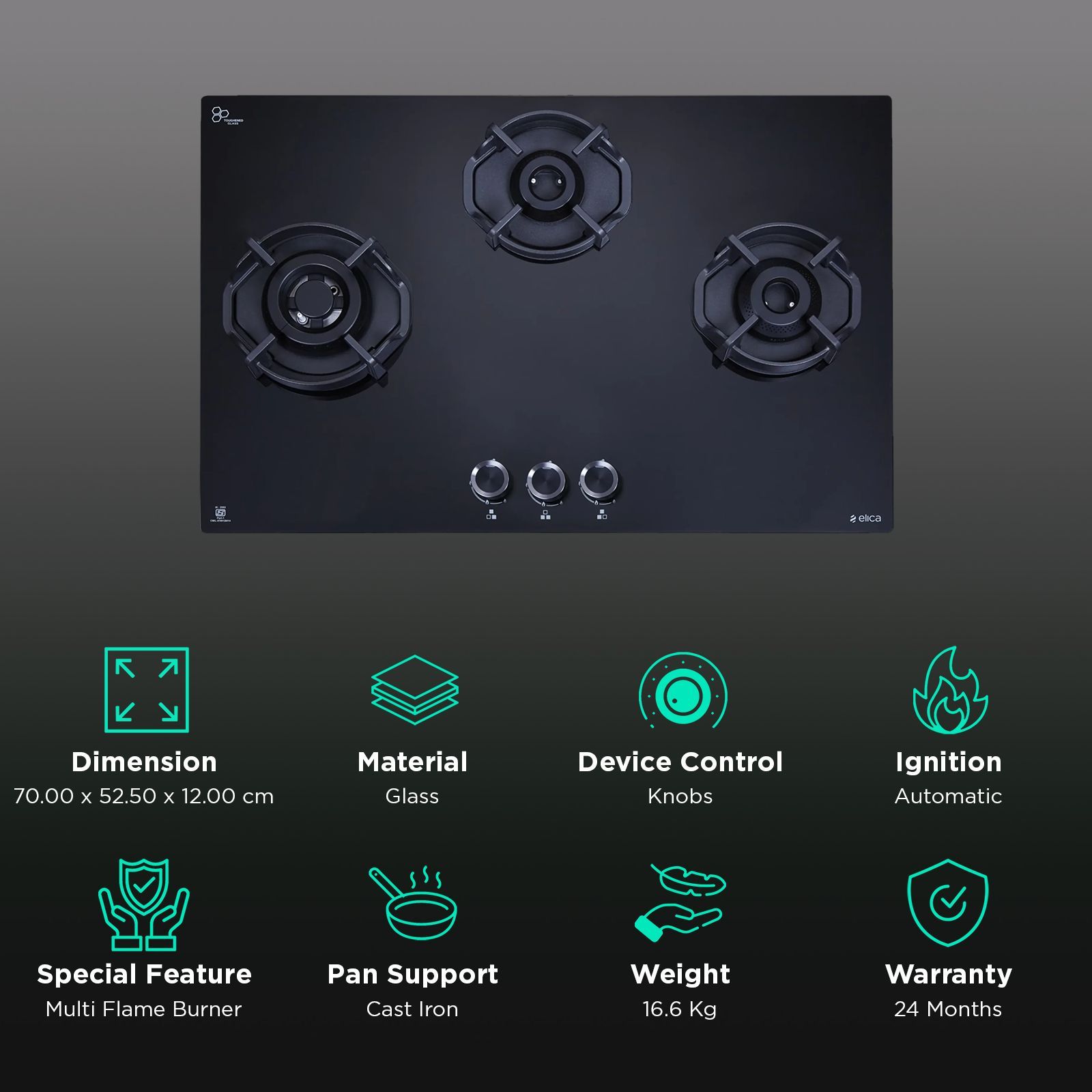 elica FLEXI HEXA 370 LOTUS IND HD Toughened Glass Top 3 Burner Automatic Hob (Multi Flame Burner, Black)_3