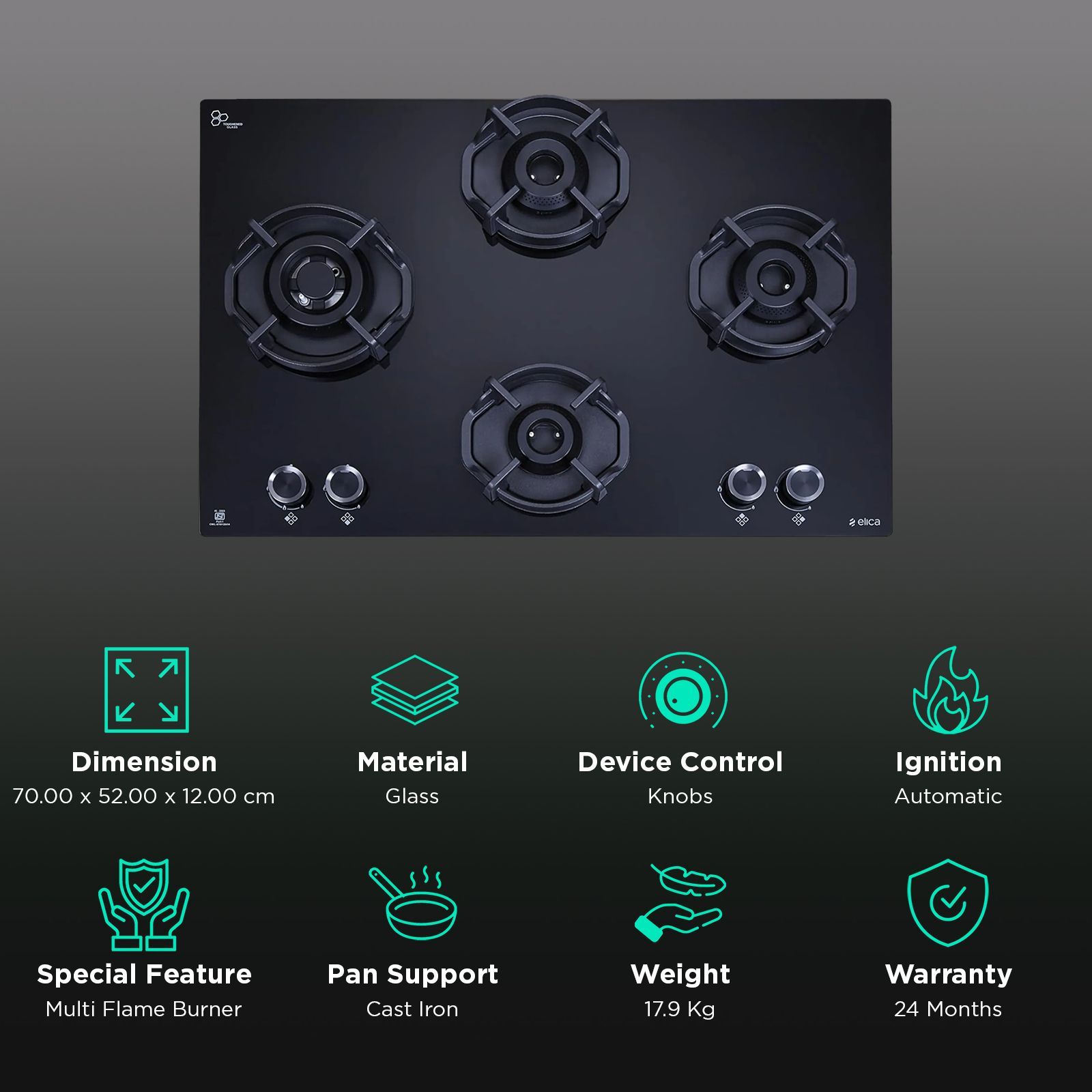 elica Flexi Hexa 470 Lotus Ind Hd Brass Toughened Glass Top 4 Burner Automatic Hob (Multi Flame Burner, Black)_3