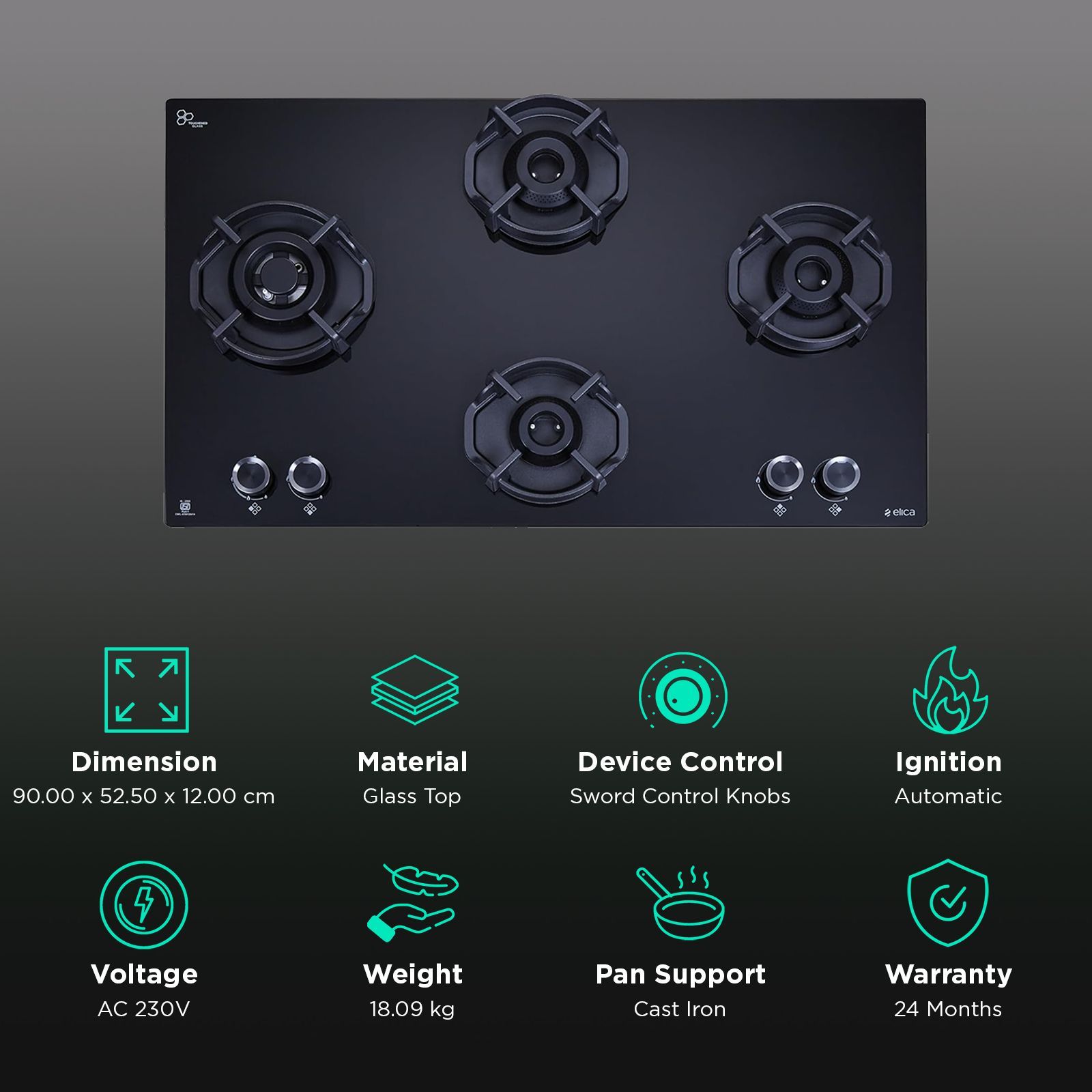 elica FLEXI HEXA 491 LOTUS IND HD BRASS Toughened Glass Top 4 Burner Automatic Hob (Multi Flame Burner, Black)_3