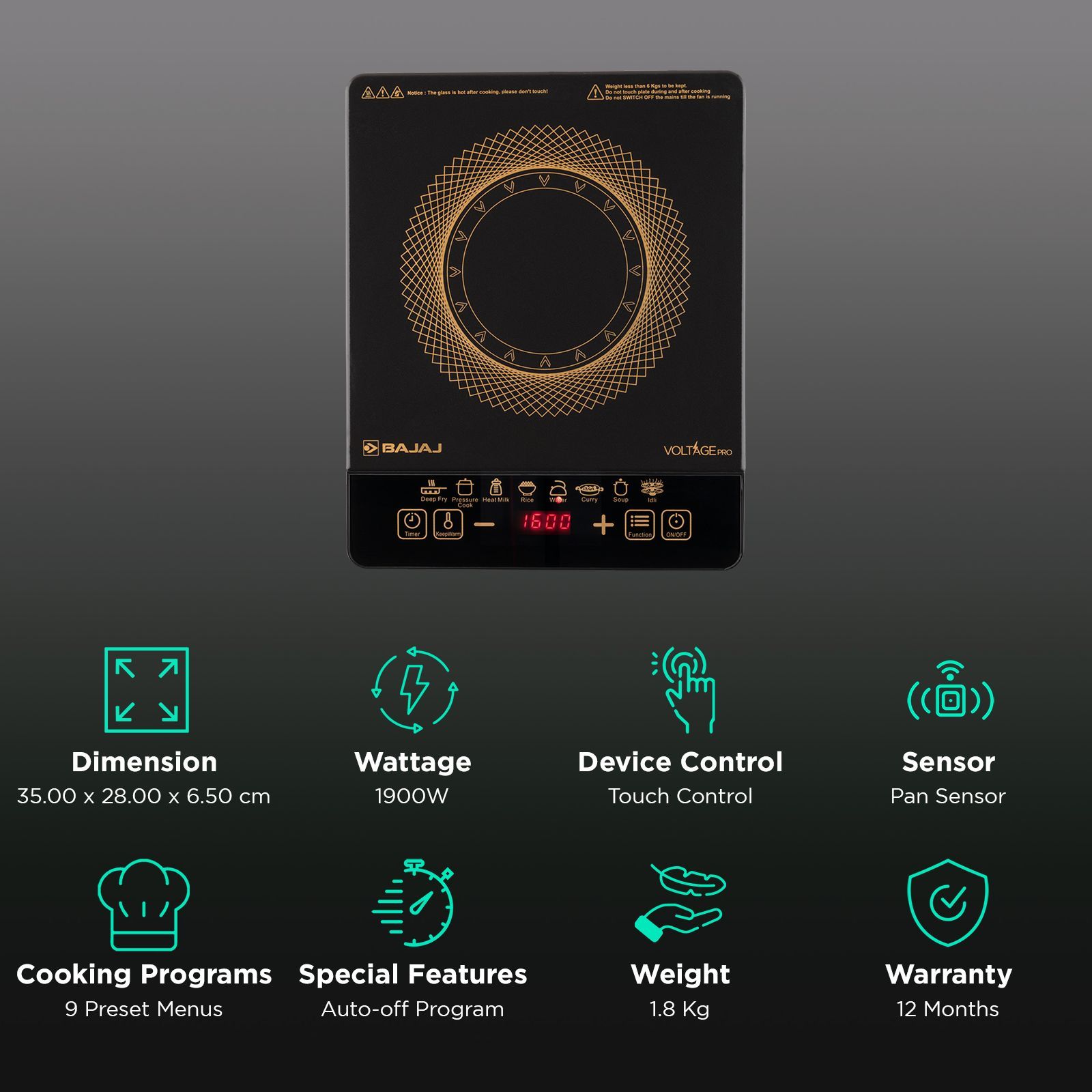 BAJAJ ICX 190FS 1900W Induction Cooktop with 9 Preset Menus BAJAJ ICX 190FS 1900W Induction Cooktop with 9 Preset Menus_3