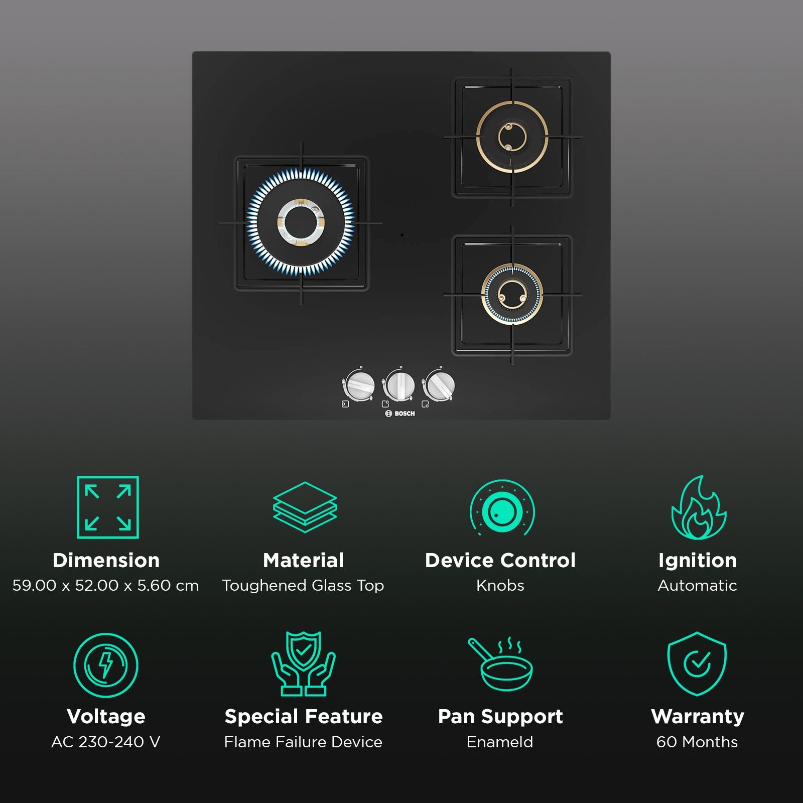 BOSCH Series 4 Toughened Glass Top 3 Burner Automatic Hob (Flame Failure Safety Device, Black)_3