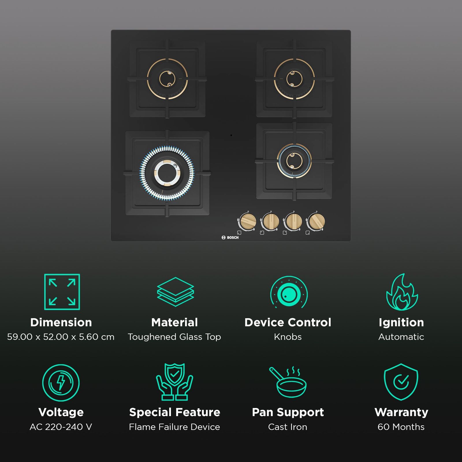 BOSCH Series 4 Toughened Glass Top 4 Burner Automatic Hob (Cast Iron Pan Supports, Black)_3