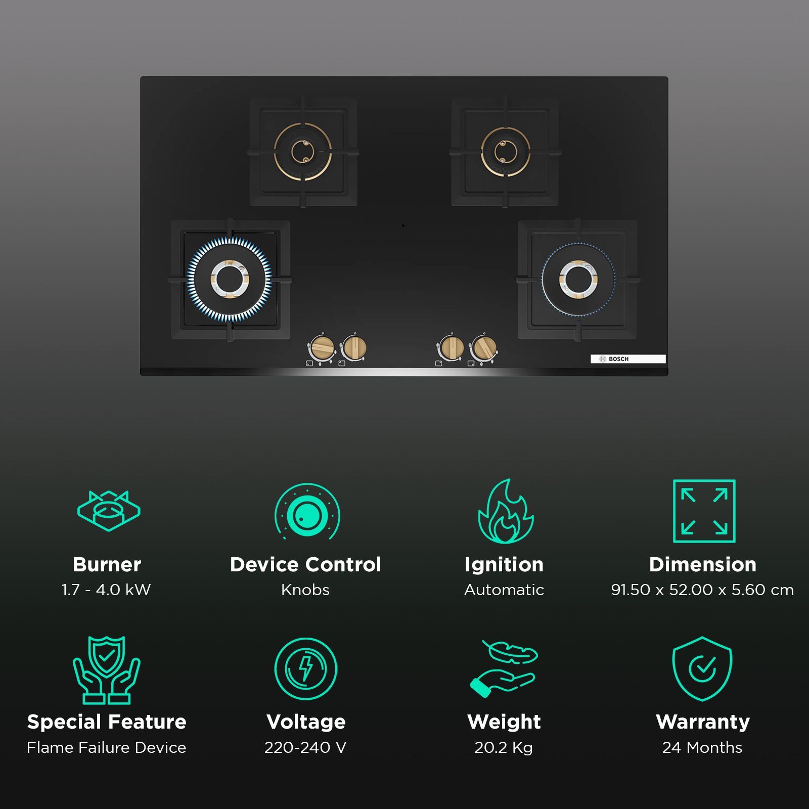 BOSCH Series 4 Toughened Glass Top 4 Burner Automatic Hob (Flame Failure Safety Device, Black)_3