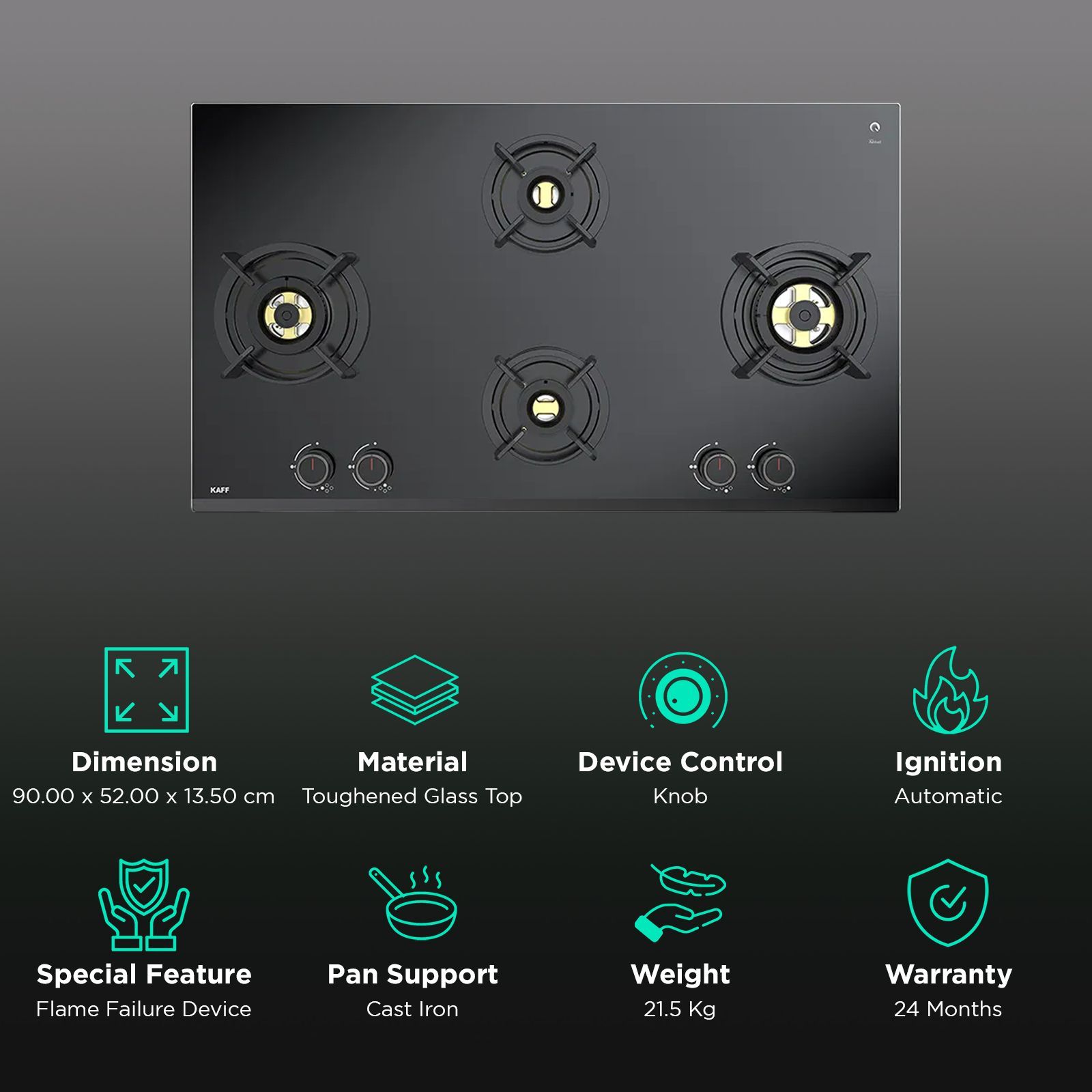 KAFF ASF 94V Toughened Glass Top 4 Burner Automatic Hob (Flame Failure Device, Black)_3