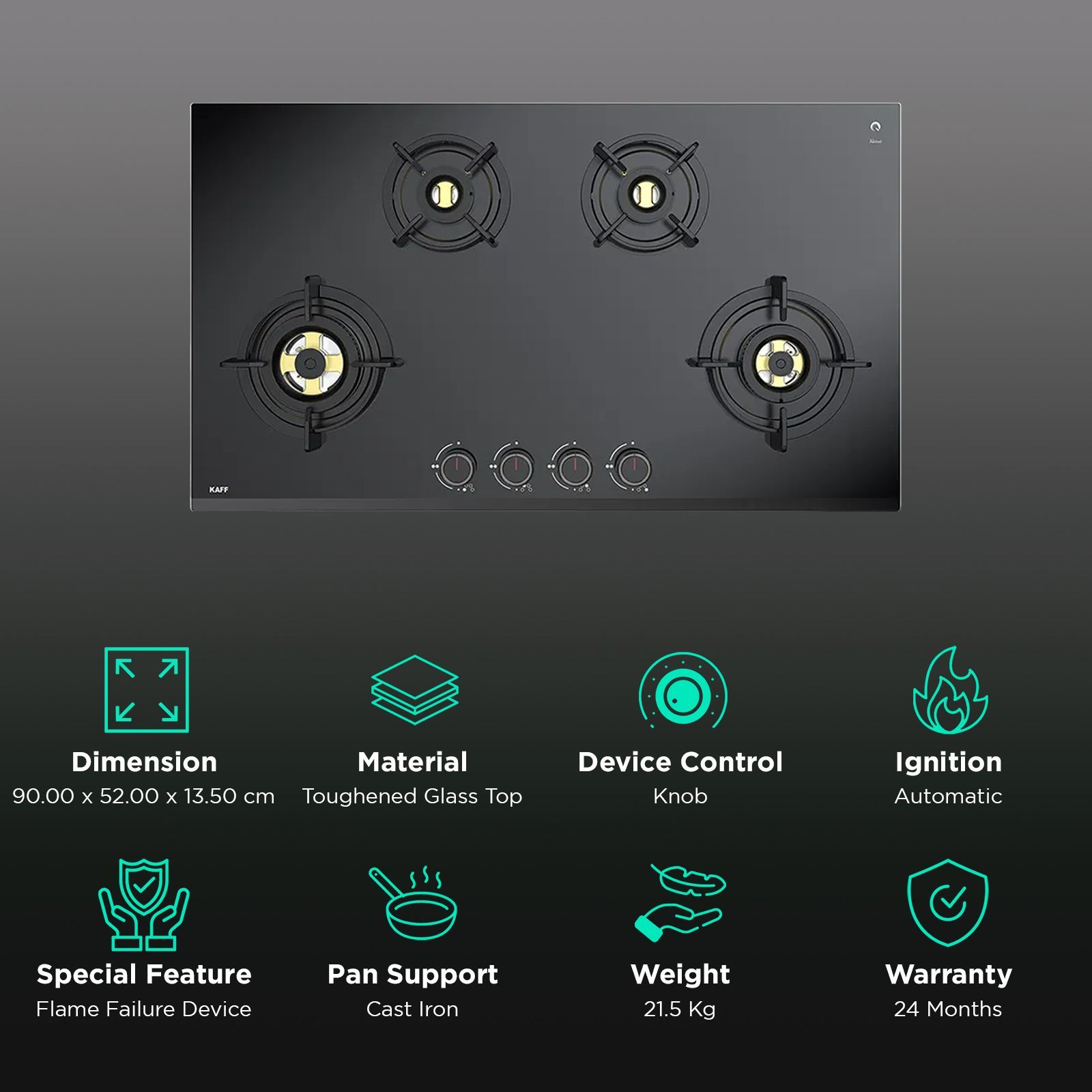 KAFF ASF 94M Toughened Glass Top 4 Burner Automatic Hob (Flame Failure Device, Black)_3