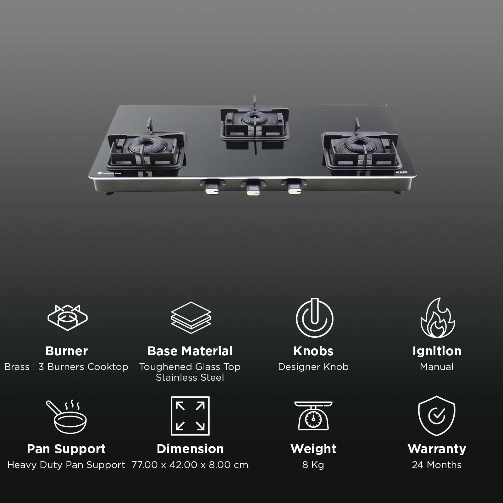 KAFF CTQ773B Toughened Glass Top 3 Burner Manual Gas Stove (Edge Protection, Black) KAFF CTQ773B Toughened Glass Top 3 Burner Manual Gas Stove (Edge Protection, Black)_3