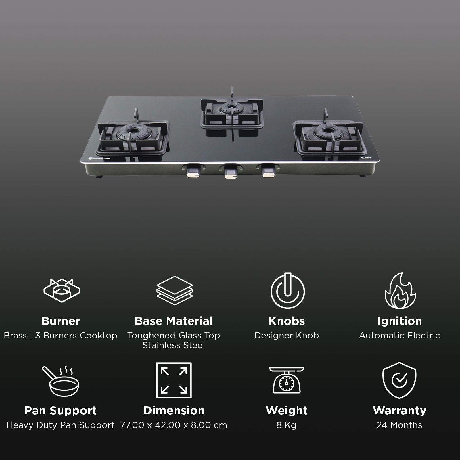 KAFF CTQ773BAI Toughened Glass Top 3 Burner Automatic Gas Stove (Edge Protection, Black)_3