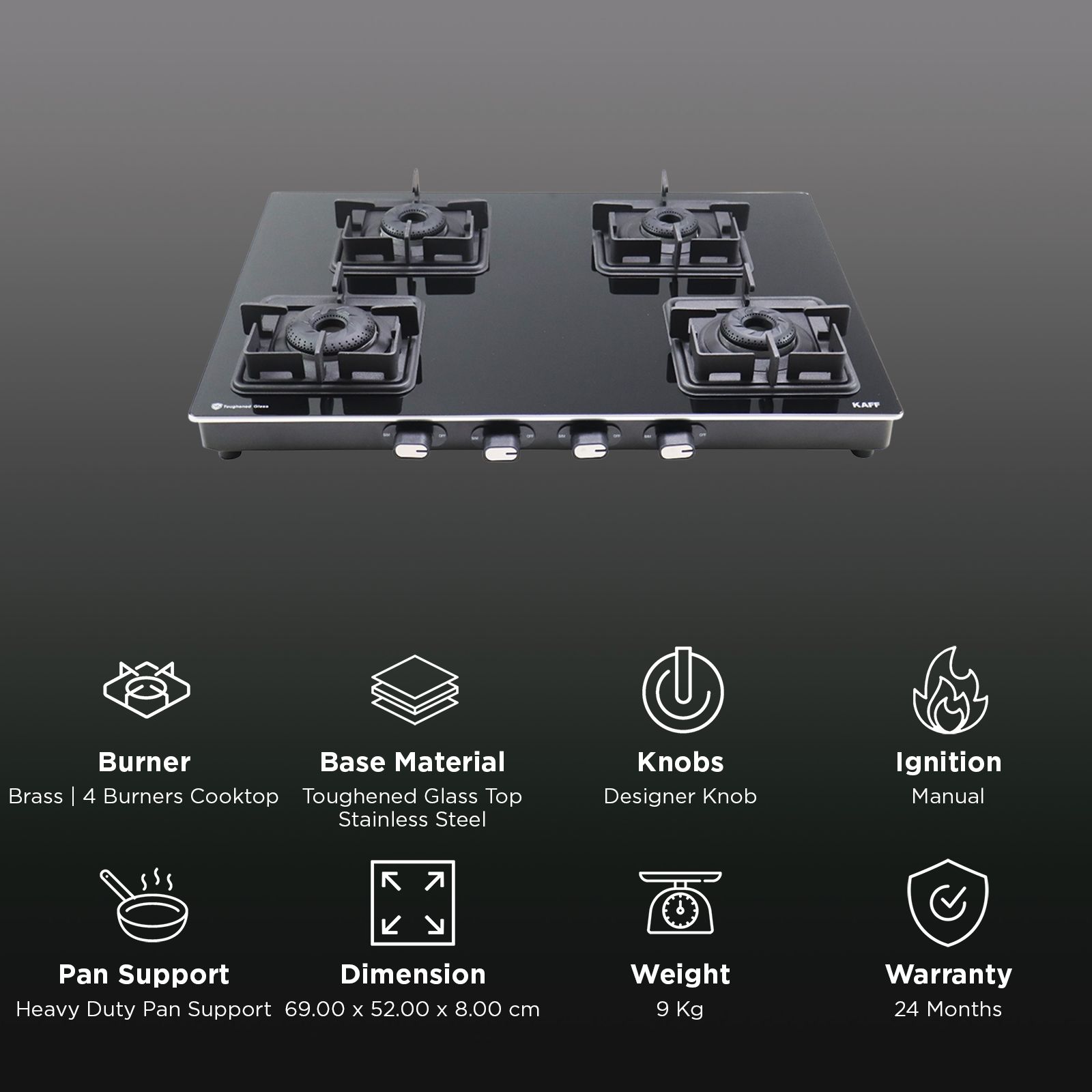 KAFF CTQ694B Toughened Glass Top 4 Burner Manual Gas Stove (Edge Protection, Black)_3