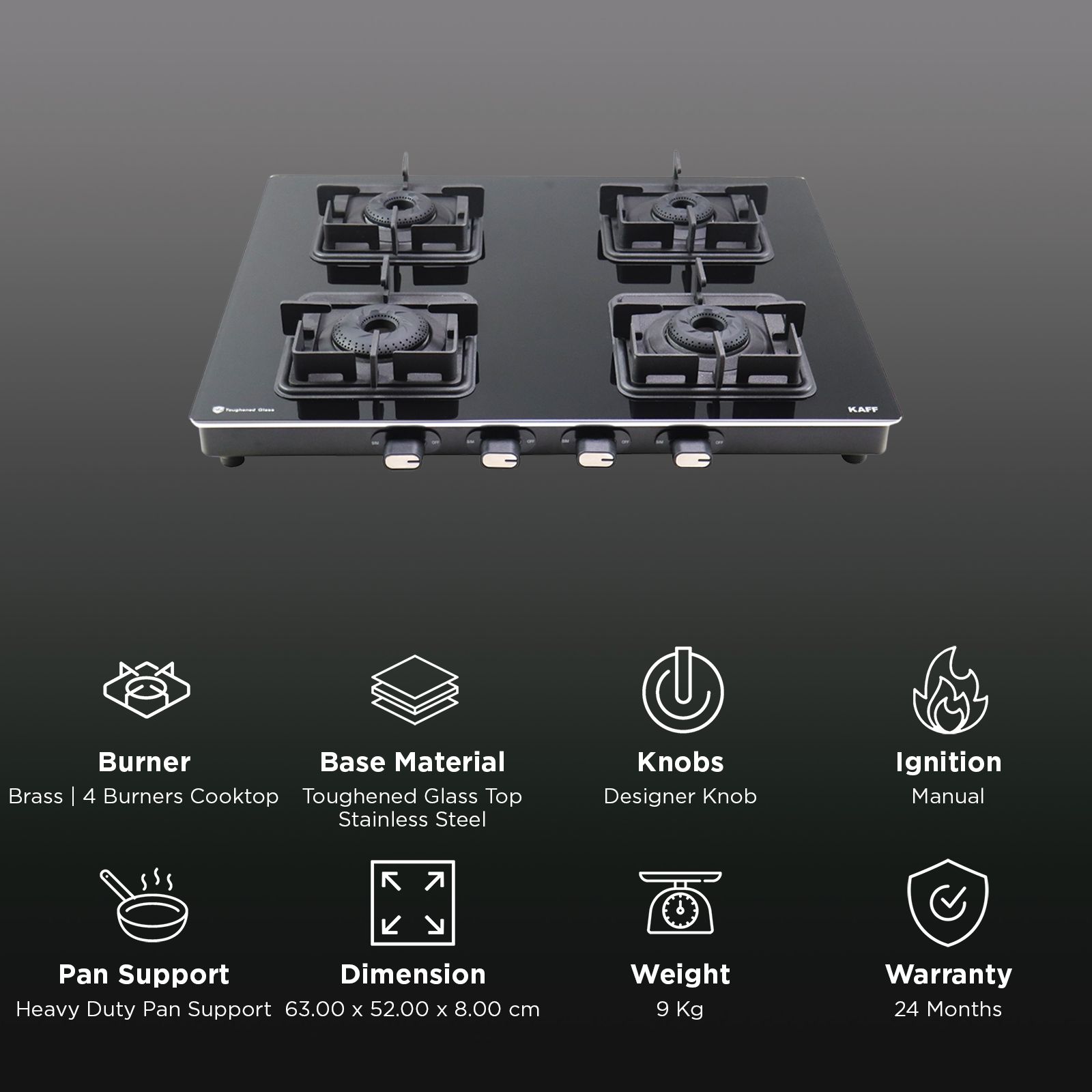 KAFF CTQ634B Toughened Glass Top 4 Burner Manual Gas Stove (Edge Protection, Black)_3