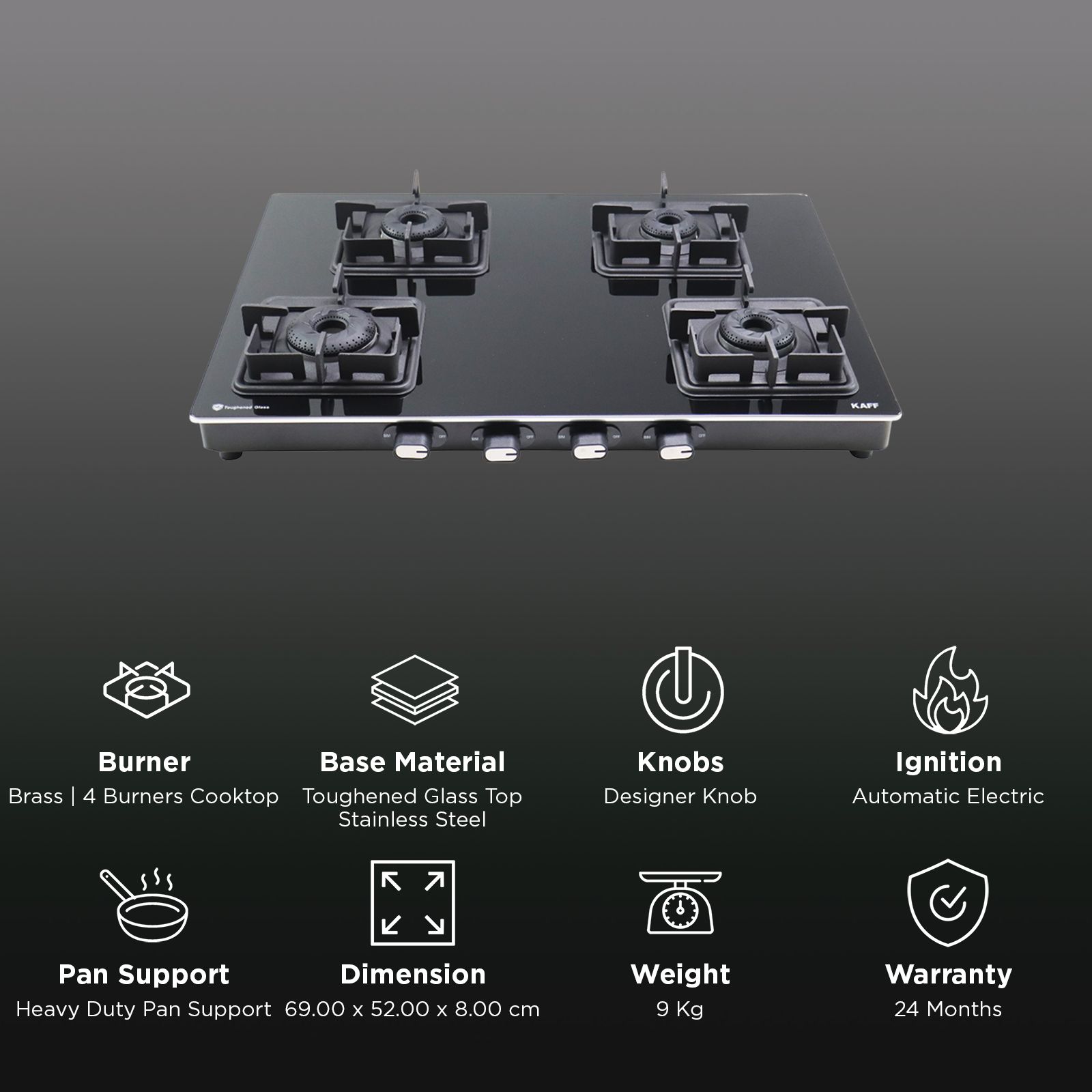 KAFF CTQ694BAI Toughened Glass Top 4 Burner Automatic Gas Stove (Edge Protection, Black)_3