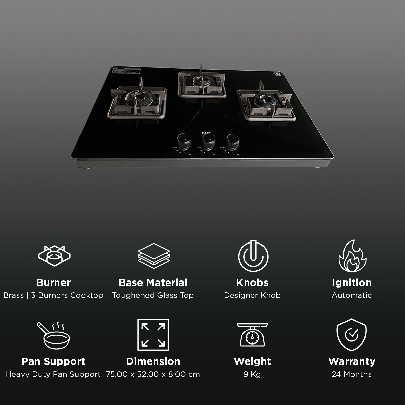 KAFF CTH753BAI Toughened Glass Top 3 Burner Automatic Gas Stove (Integrated Flame Protector, Black)_3