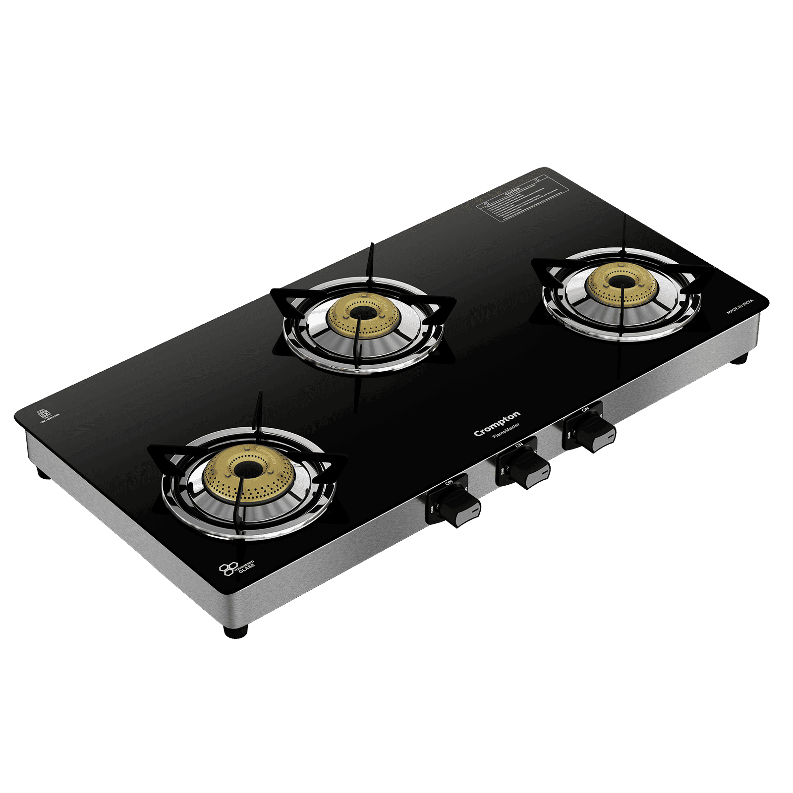 Crompton FlameMaster Toughened Glass Top 3 Burner Manual Gas Stove (Stainless Steel Body, Black)_1