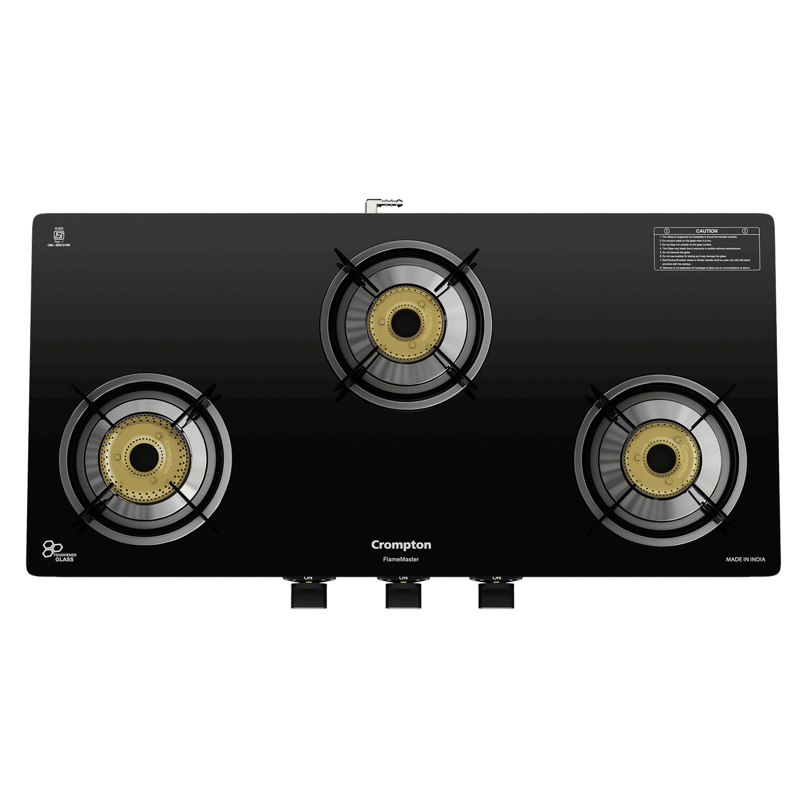 Crompton FlameMaster Toughened Glass Top 3 Burner Manual Gas Stove (Stainless Steel Body, Black)_3