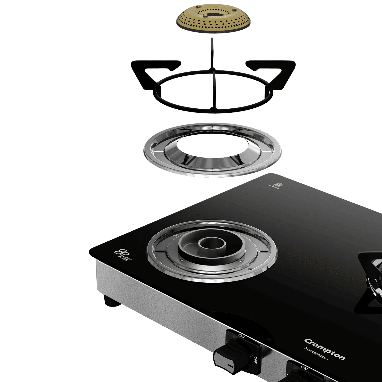Crompton FlameMaster Toughened Glass Top 3 Burner Manual Gas Stove (Stainless Steel Body, Black)_6