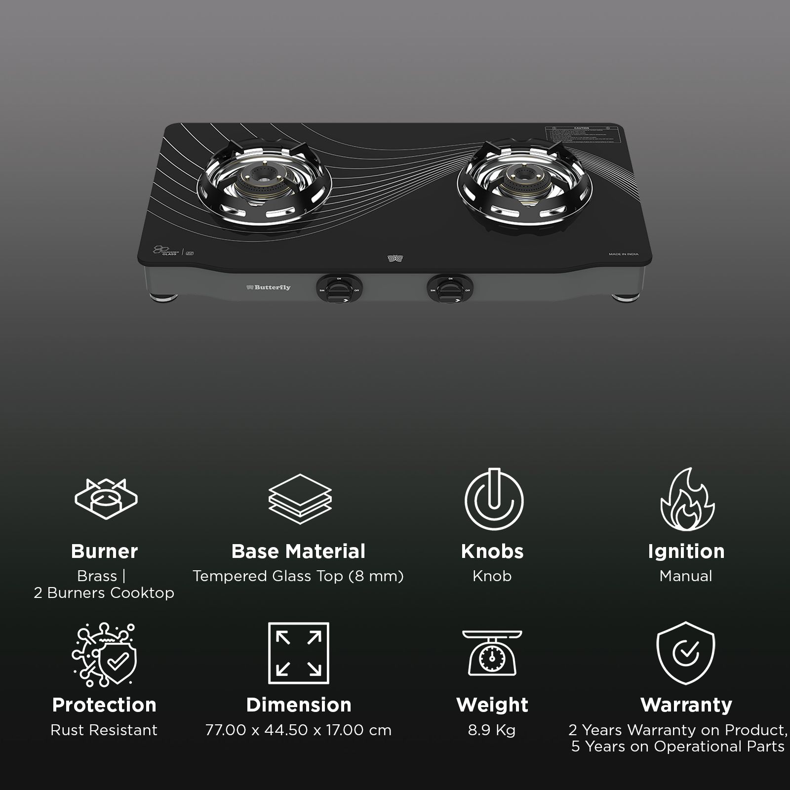 Butterfly Renz Tempered Glass Top 2 Burner Manual Gas Stove (Rust Resistant Frame, Black)_3