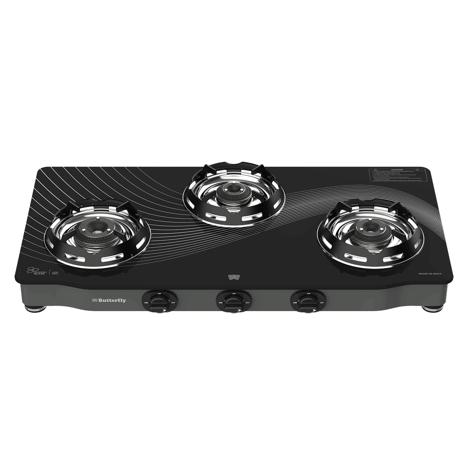 Butterfly Renz Tempered Glass Top 3 Burner Manual Gas Stove (Rust Resistant Frame, Black)_1