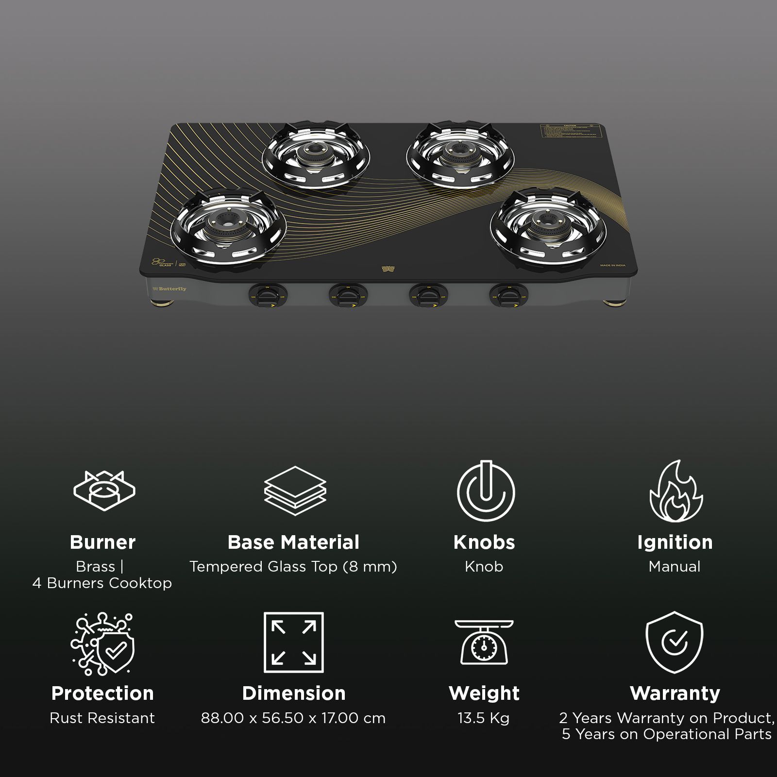 Butterfly Renz Tempered Glass Top 4 Burner Manual Gas Stove (Rust Resistant Frame, Black)_3