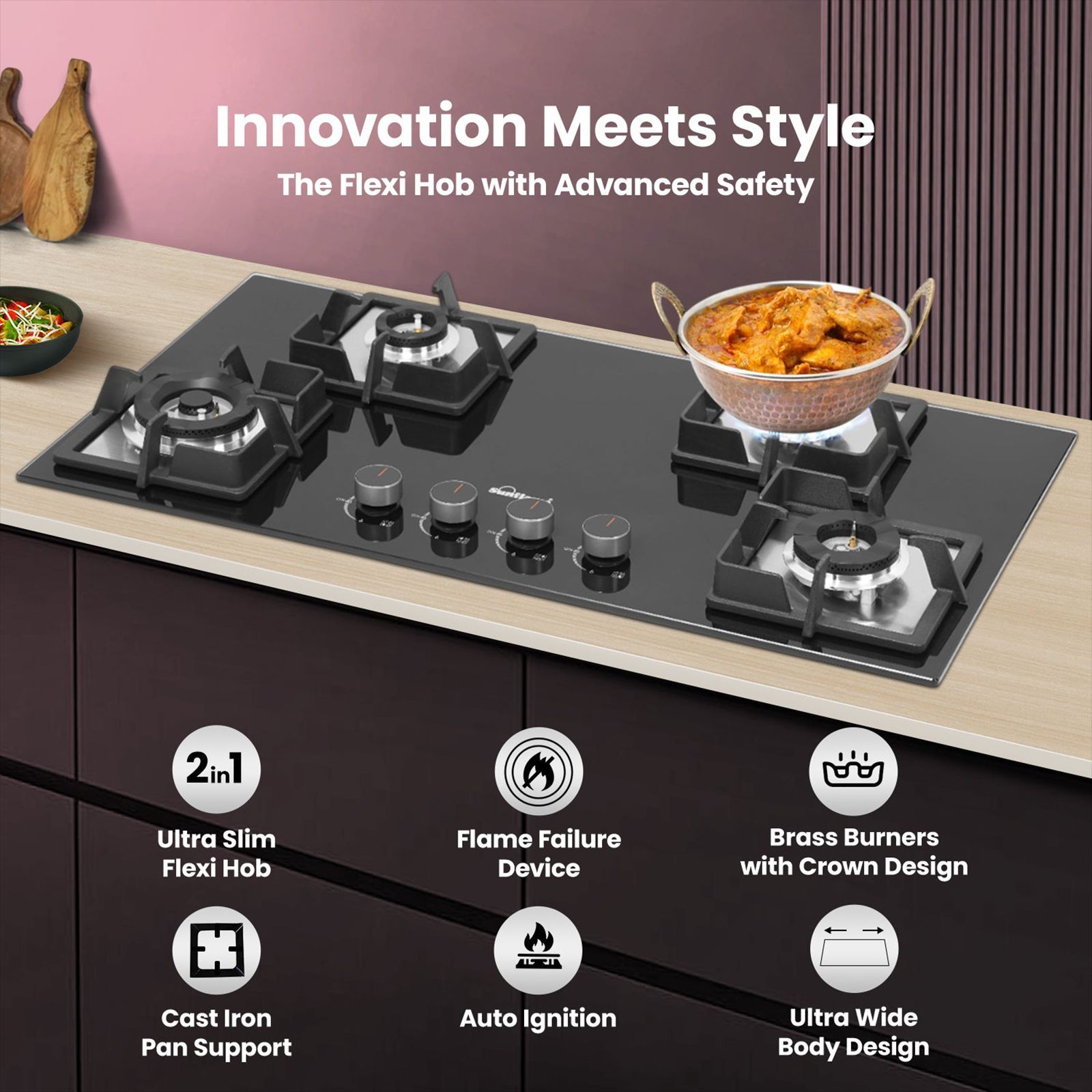 Sunflame SHA 486 PHS Toughened Glass Top 4 Burner Automatic Hob (Flame Failure Device, Black)_5