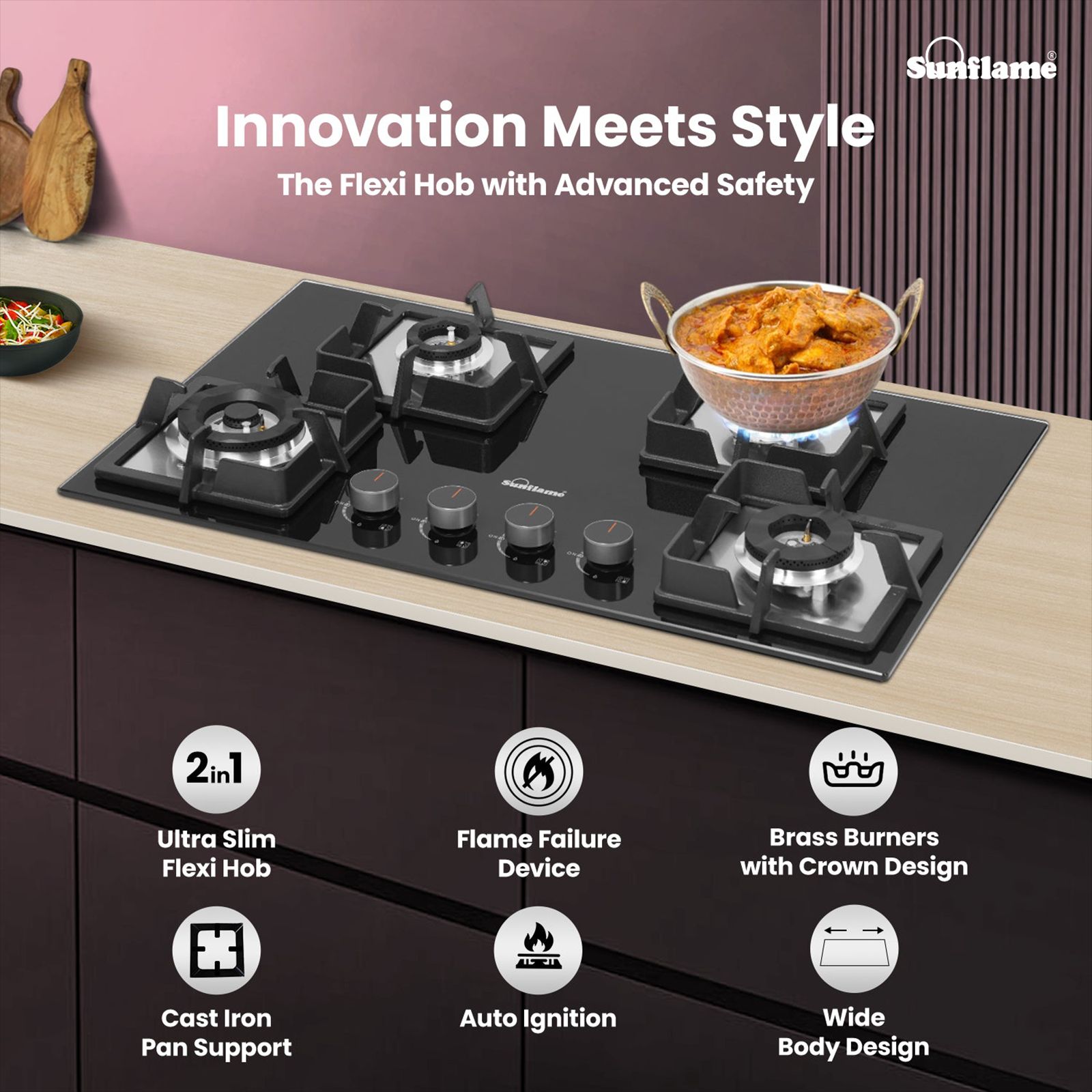 Sunflame SHA 476 PHS Tempered Glass Top 4 Burner Automatic Hob (Flame Failure Device, Black)_5