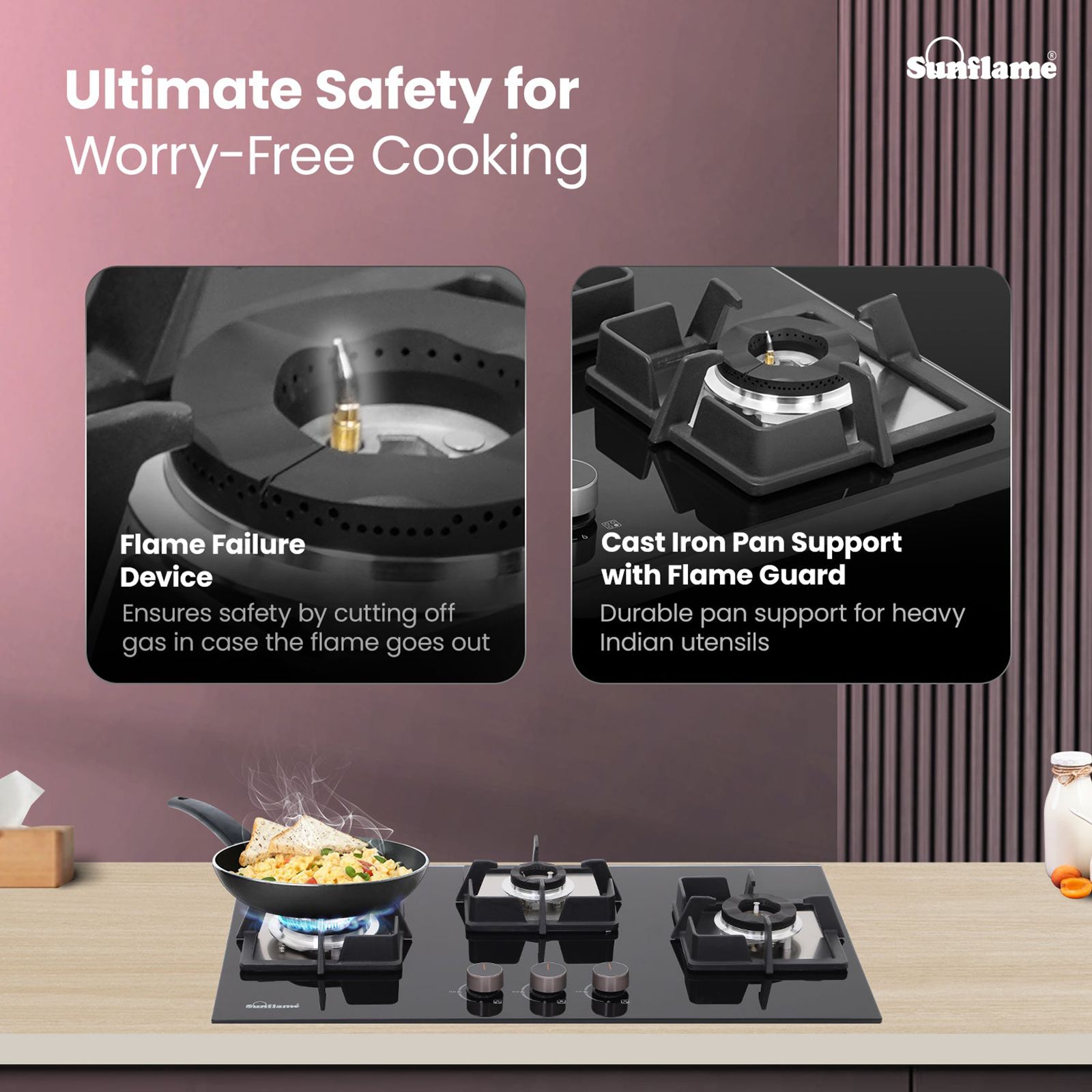 Sunflame SHA 376 PHS Tempered Glass Top 3 Burner Automatic Hob (Flame Failure Device, Black)_5