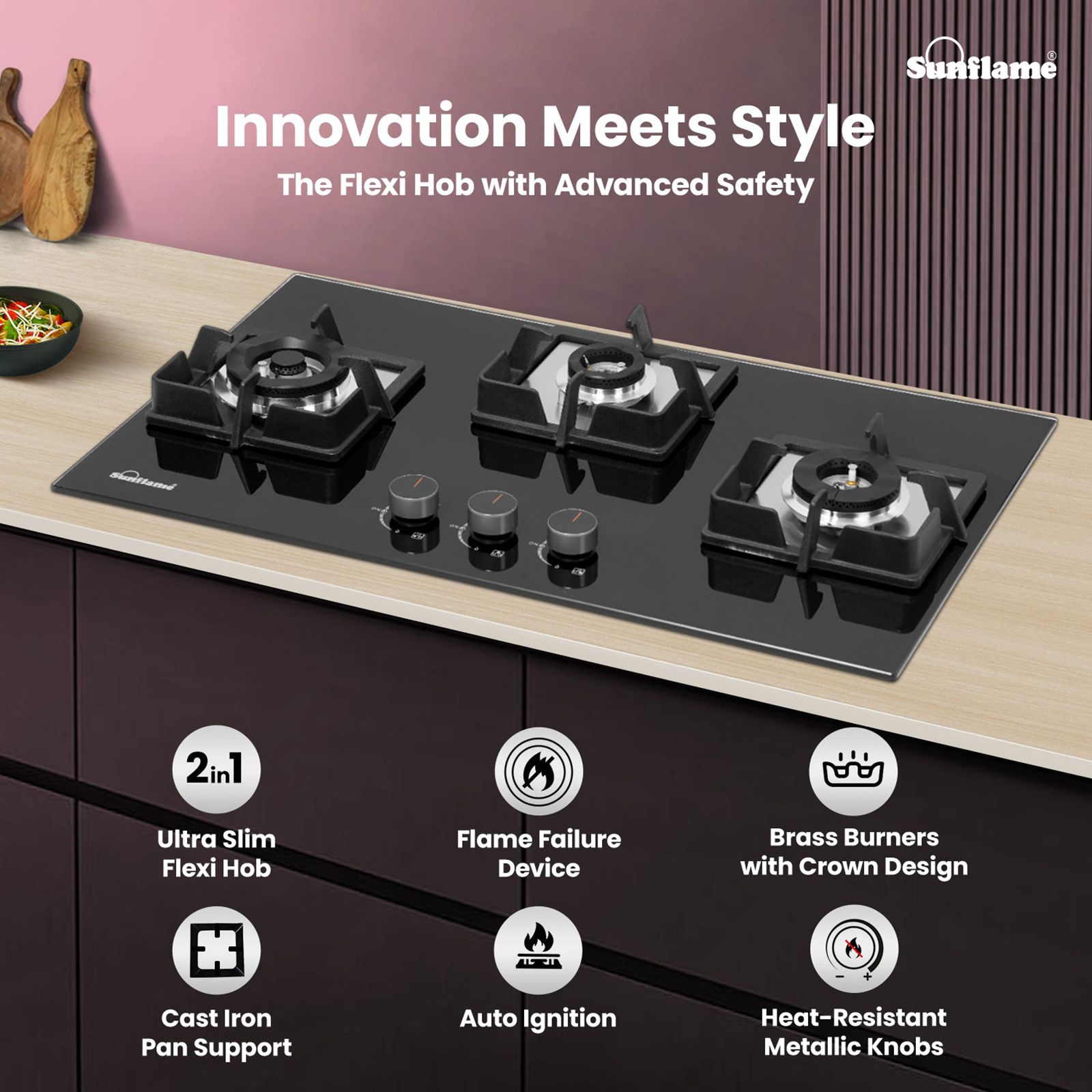 Sunflame SHA 376 PHS Tempered Glass Top 3 Burner Automatic Hob (Flame Failure Device, Black)_2