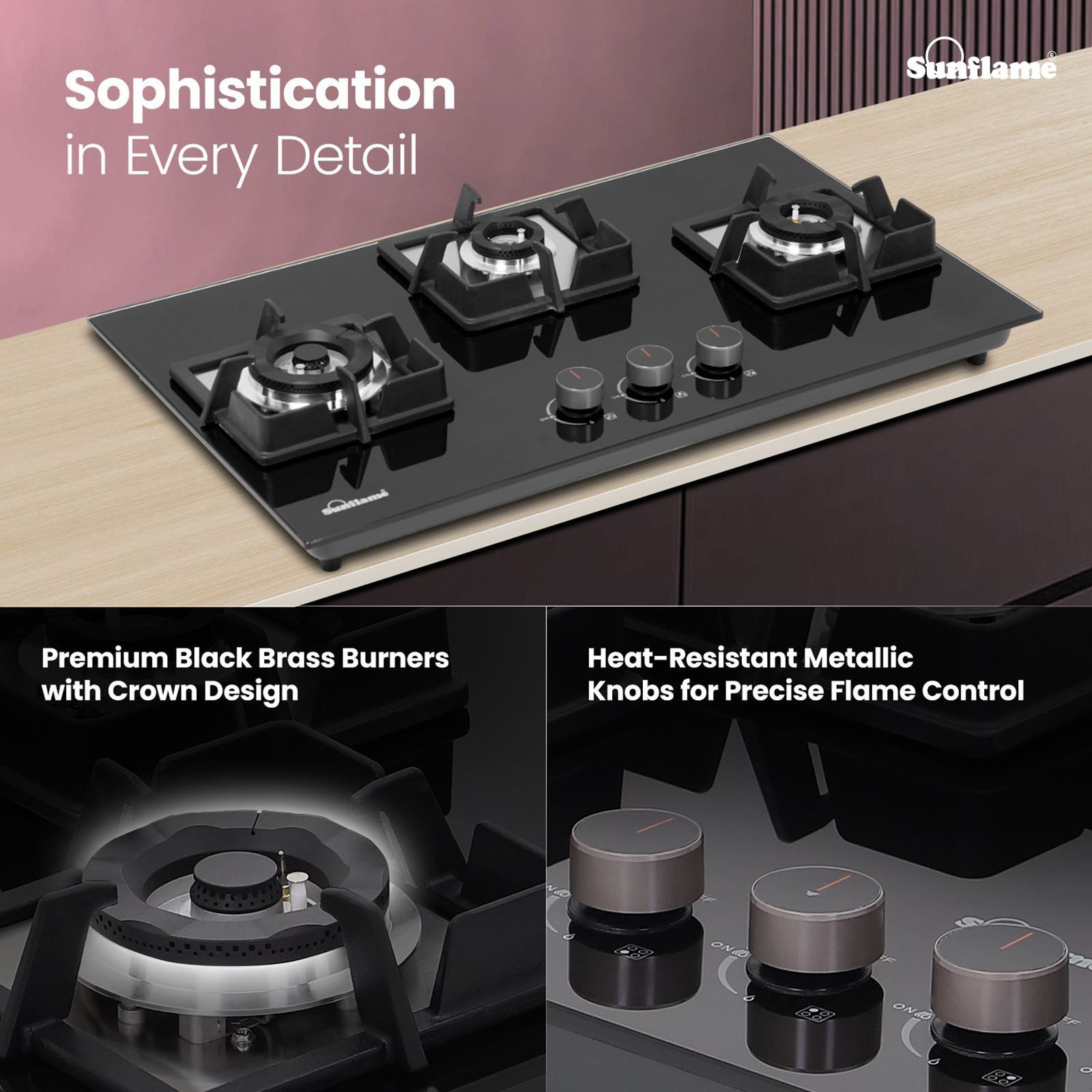 Sunflame SHA 376 PHS Tempered Glass Top 3 Burner Automatic Hob (Flame Failure Device, Black)_4