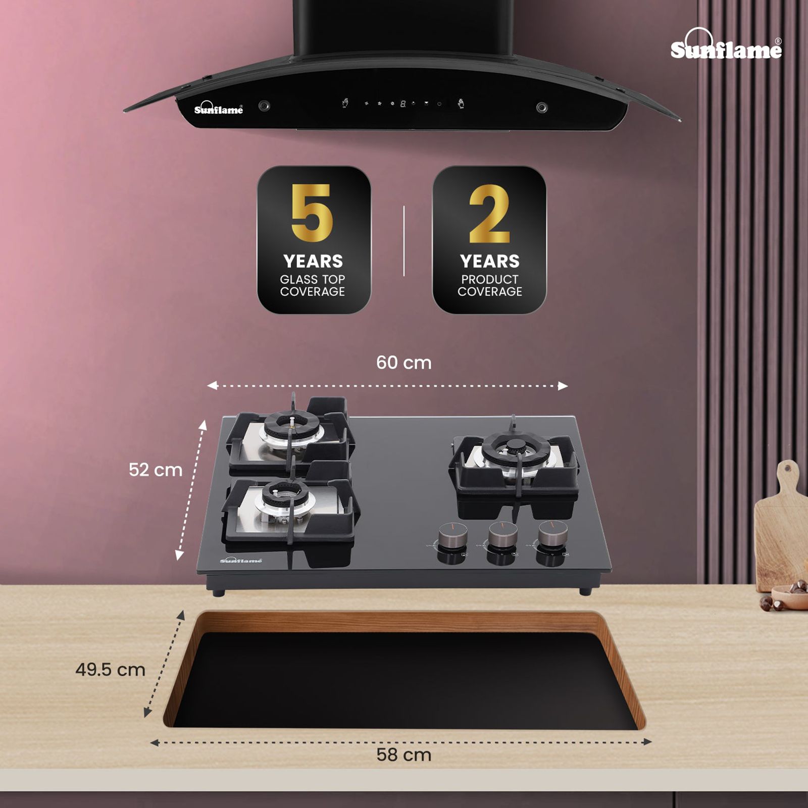 Sunflame SHA 360 PHS Tempered Glass Top 3 Burner Automatic Hob (Flame Failure Device, Black)_5