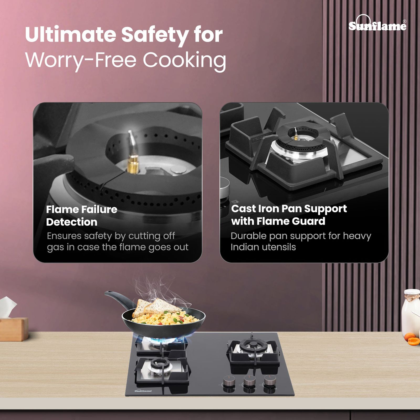 Sunflame SHA 360 PHS Tempered Glass Top 3 Burner Automatic Hob (Flame Failure Device, Black)_8