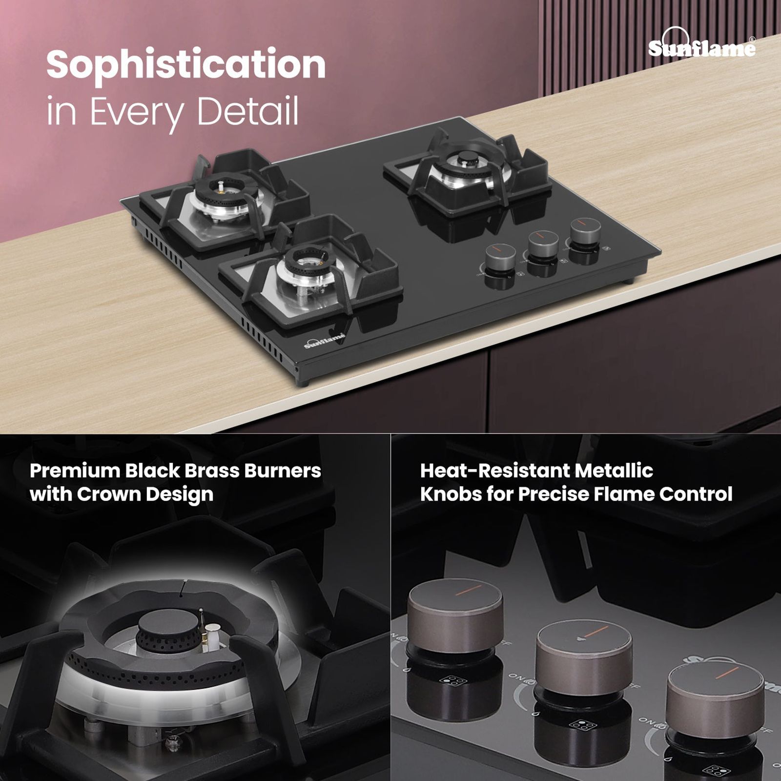Sunflame SHA 360 PHS Tempered Glass Top 3 Burner Automatic Hob (Flame Failure Device, Black)_2