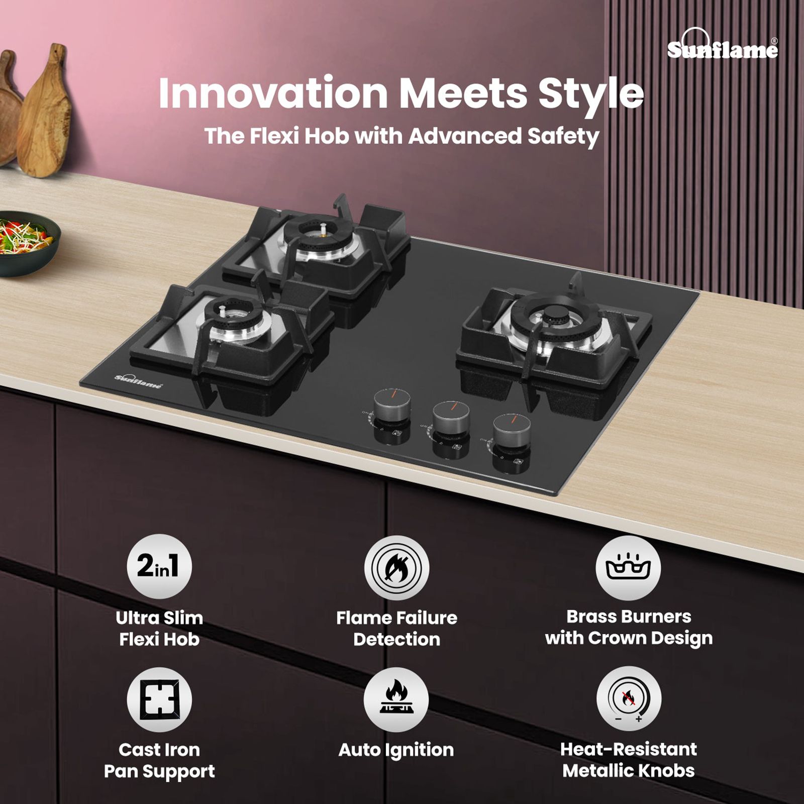 Sunflame SHA 360 PHS Tempered Glass Top 3 Burner Automatic Hob (Flame Failure Device, Black)_4