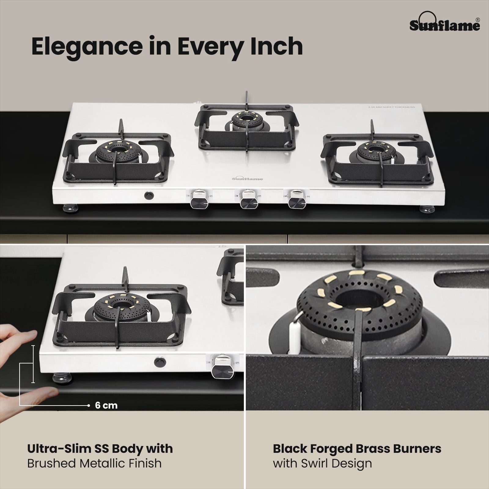 Sunflame SSS 3B AI 3 Burner Automatic Gas Stove (ISI Certified, Silver)_5