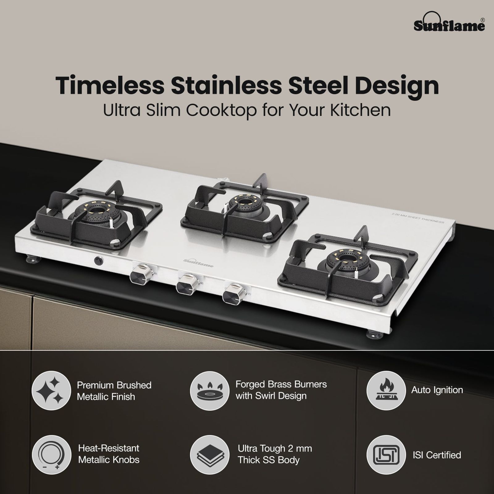 Sunflame SSS 3B AI 3 Burner Automatic Gas Stove (ISI Certified, Silver)_6