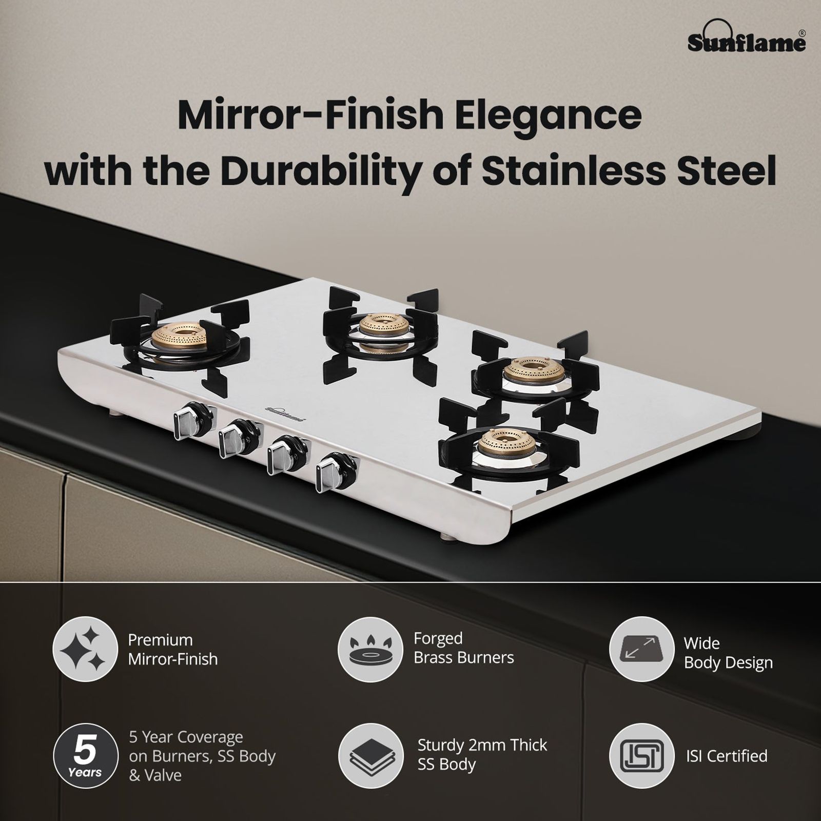 Sunflame HERCULES 4 Burner Manual Gas Stove (ISI Certified, Stainless Steel)_6