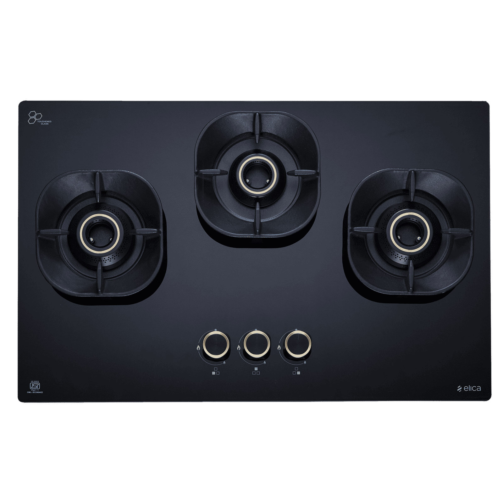 elica CROWN FLEXI 360 LOTUS IND HD BRASS Toughened Glass Top 3 Burner Automatic Hob (Multi Flame Burners, Black Glass)_4