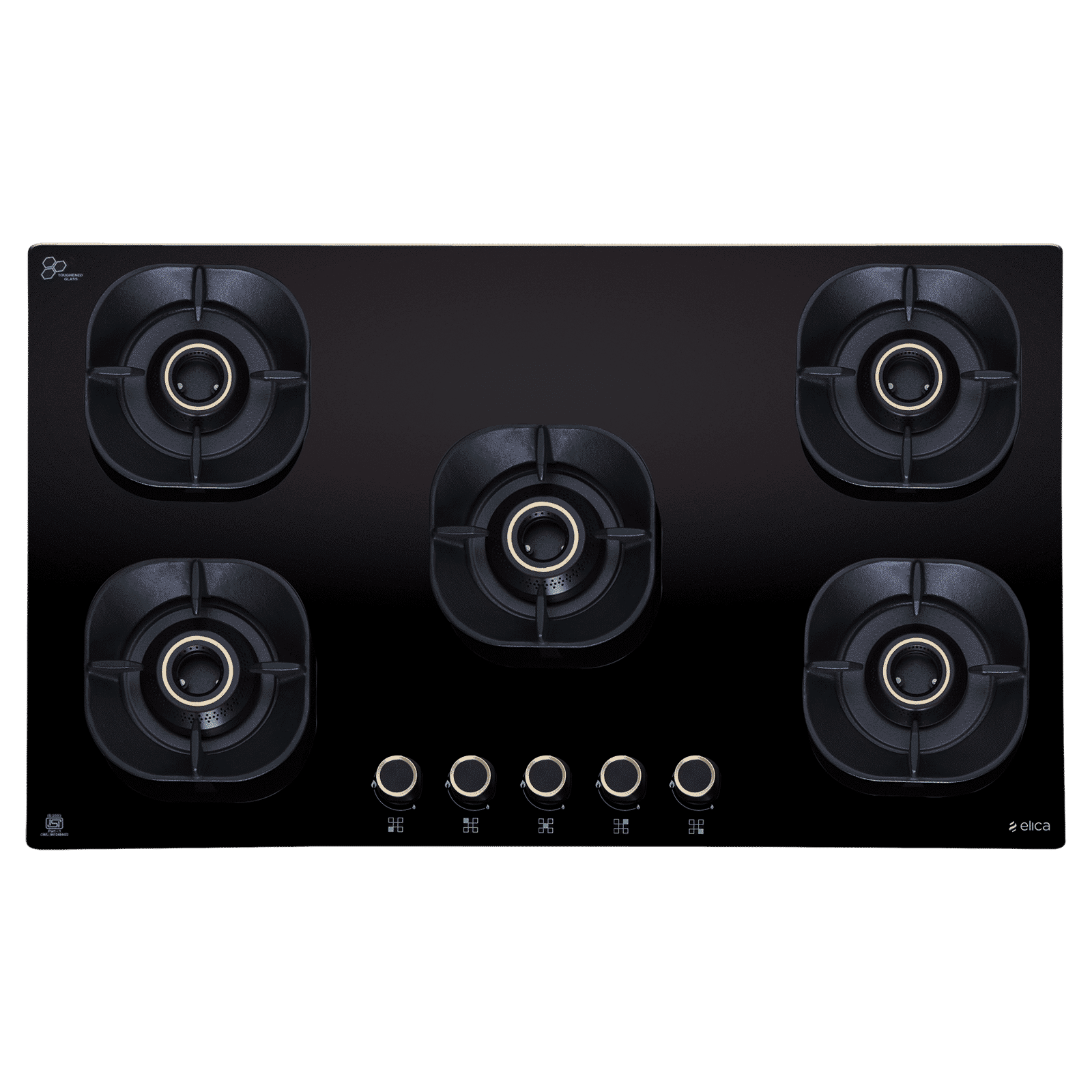 elica CROWN FLEXI 590 LOTUS IND HD BRASS Toughened Glass Top 5 Burner Automatic Hob (Multi Flame Burners, Black Glass)_1