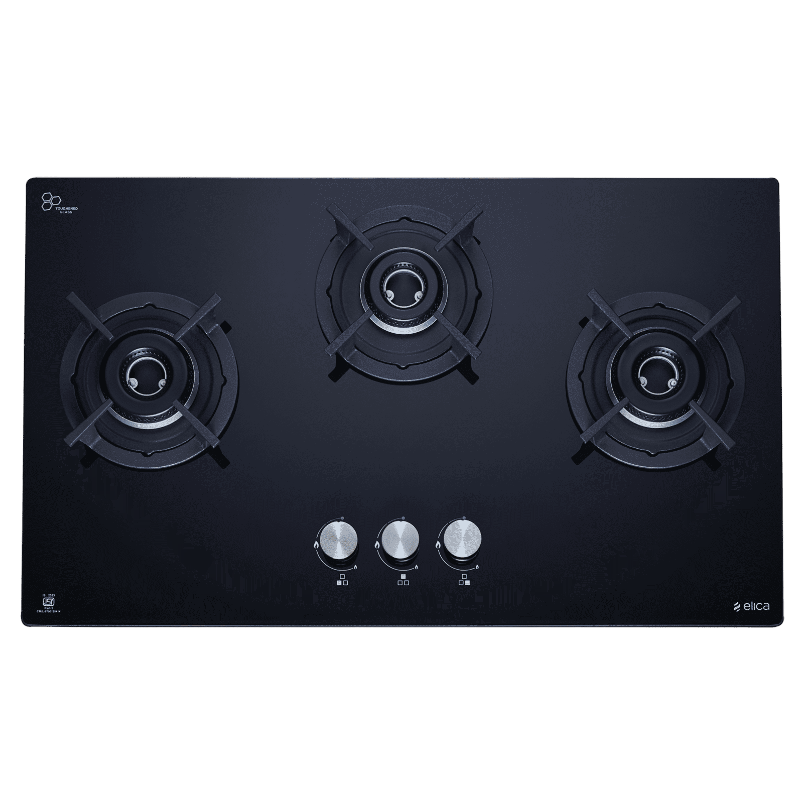 elica RG FLEXI HCT 375 DX LOTUS BK Toughened Glass Top 3 Burner Automatic Hob (Cast Iron Pan Support, Black Glass)_4