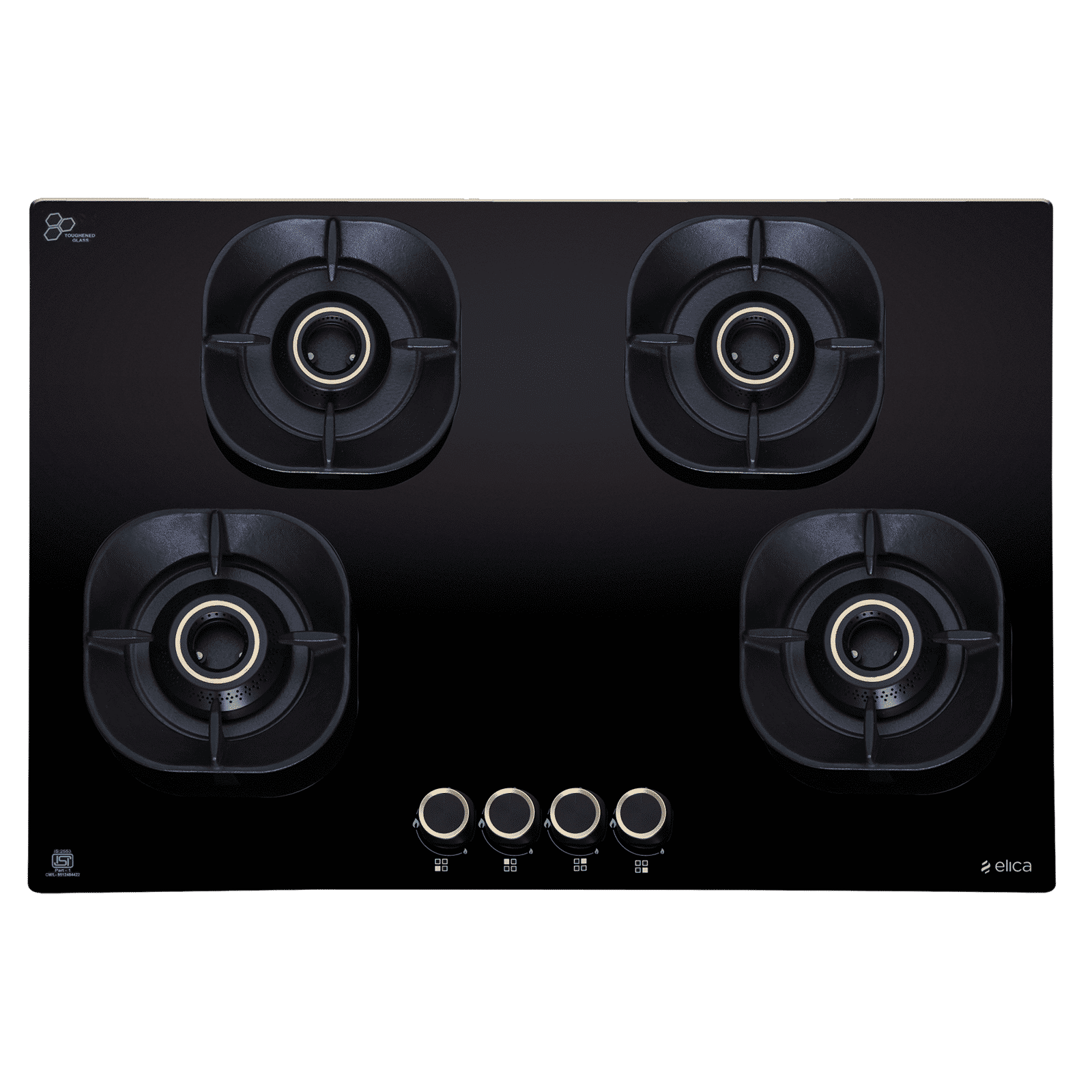 elica CROWN FLEXI 475 LOTUS IND HD BRASS Toughened Glass Top 4 Burner Automatic Hob (Multi Flame Burners, Black Glass)_1