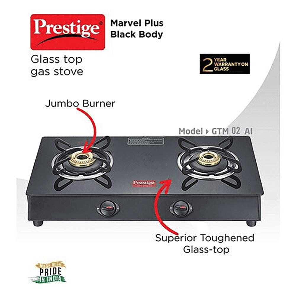 Prestige Marvel Plus GTM02 Toughened Glass Top 2 Burner Manual Gas Stove (Spill-Proof Design, Black)_5