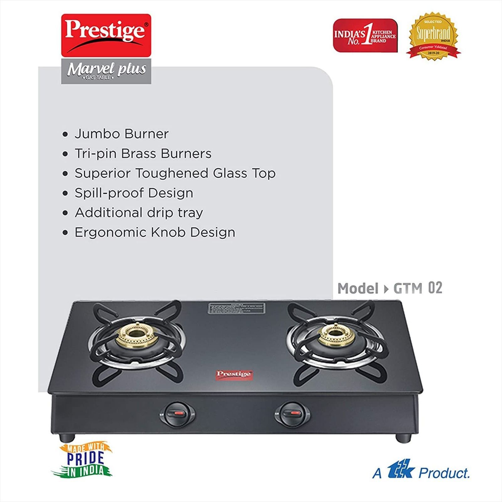 Prestige Marvel Plus GTM02 Toughened Glass Top 2 Burner Manual Gas Stove (Spill-Proof Design, Black)_2
