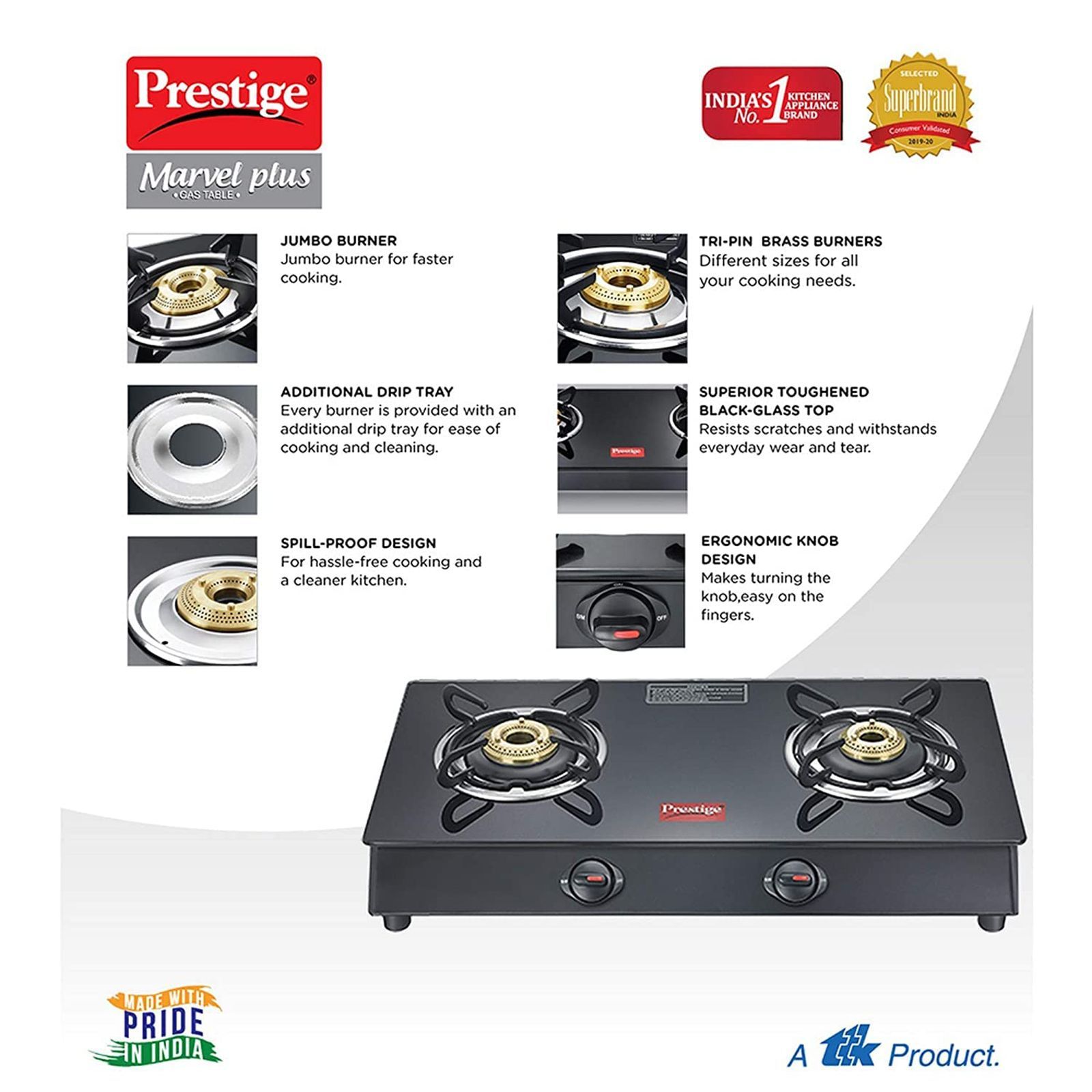 Prestige Marvel Plus GTM02 Toughened Glass Top 2 Burner Manual Gas Stove (Spill-Proof Design, Black)_3