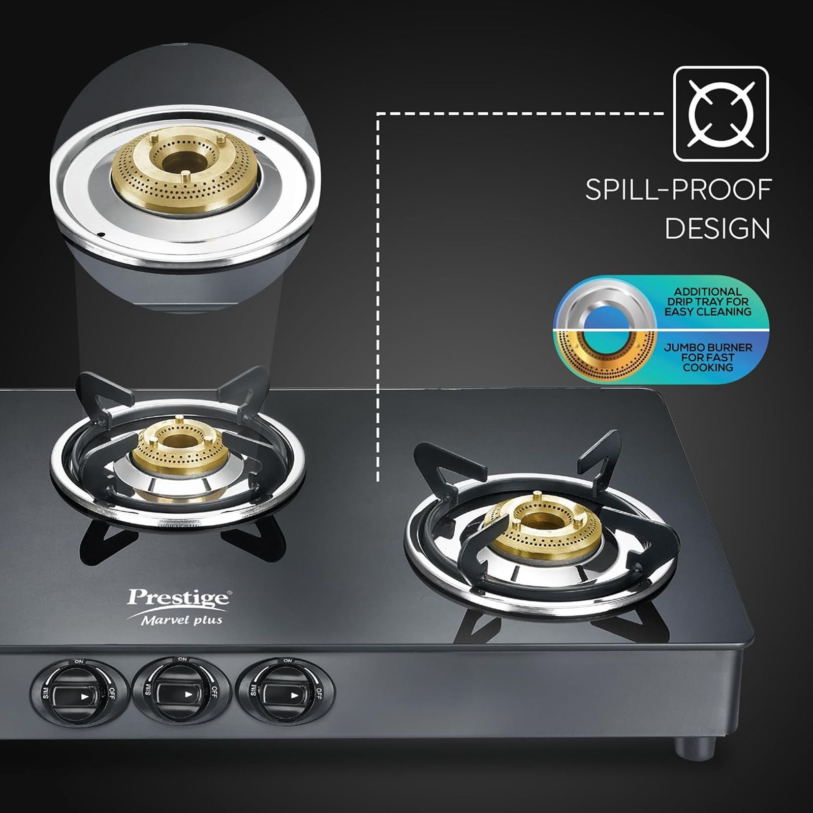 Prestige Marvel Plus Toughened Glass Top 3 Burner Manual Gas Stove (Tri-Pin Burners, Black)_4